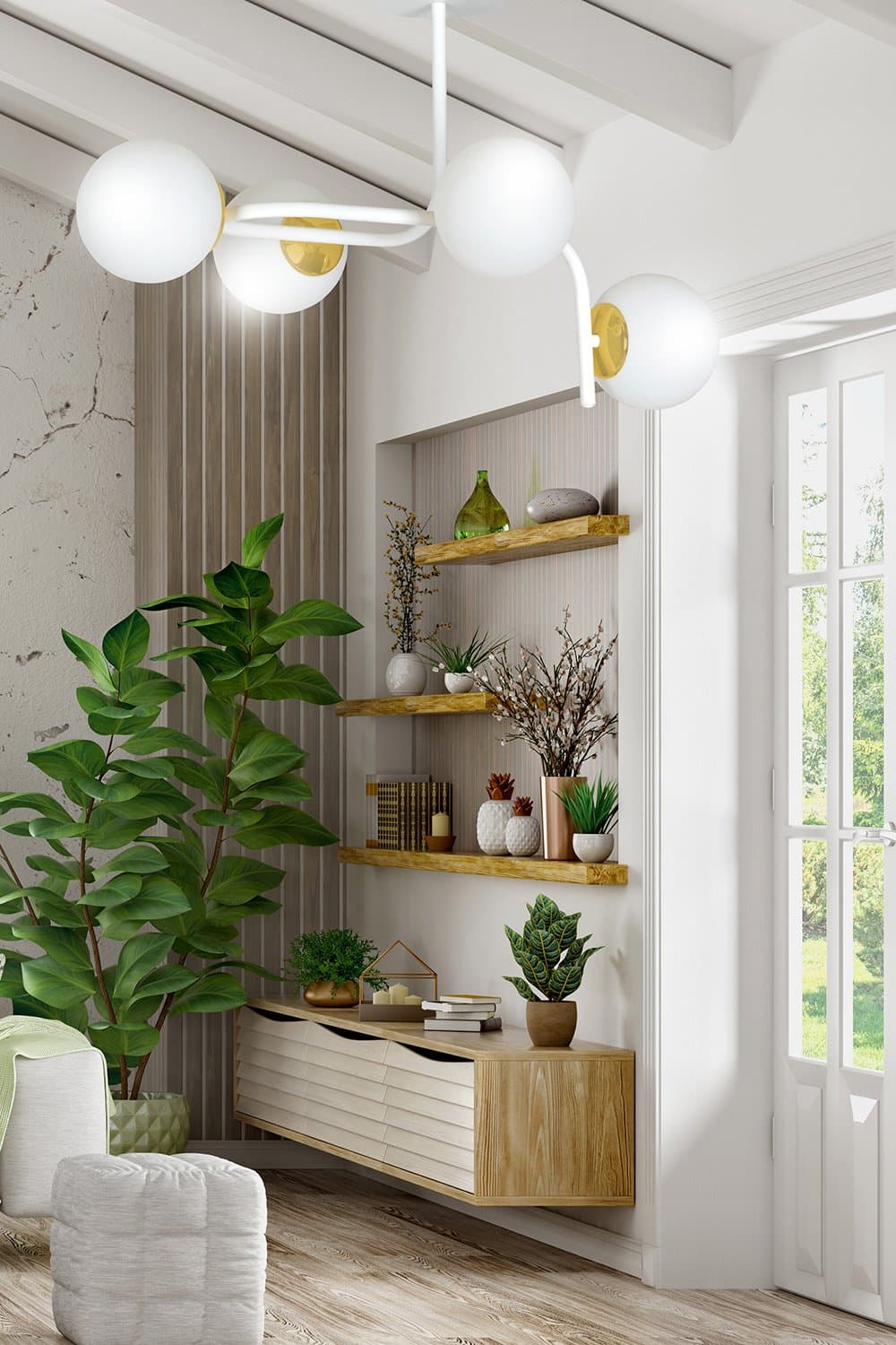Lampadario 4 Luci Kalf Acciaio Bianco A Bracci Curvi E Sfere Vetro Opalino E Oro in Lampade a sospensione LuceArt - Montecorvino Pugliano, commercioVirtuoso.it