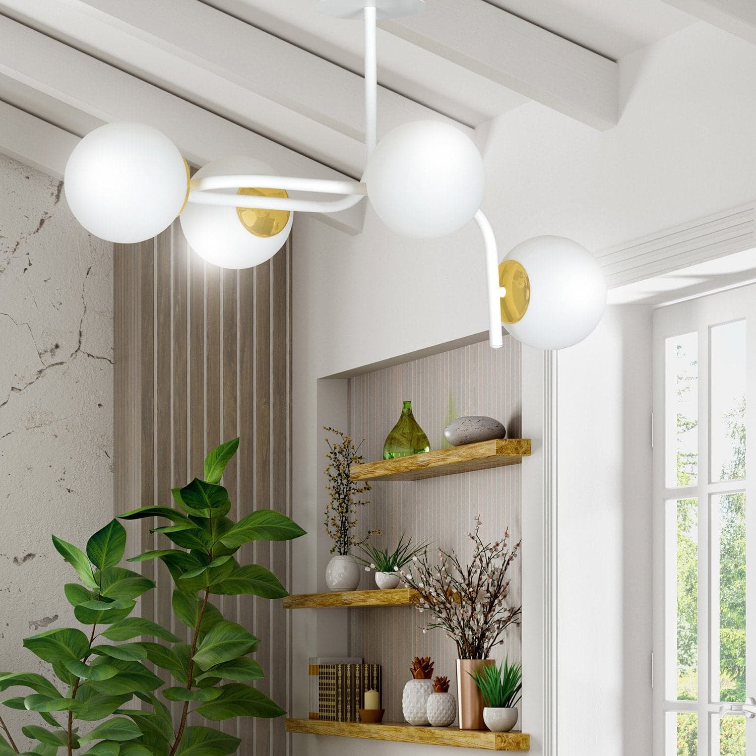 Lampadario 4 Luci Kalf Acciaio Bianco A Bracci Curvi E Sfere Vetro Opalino E Oro in Lampade a sospensione LuceArt - Montecorvino Pugliano, commercioVirtuoso.it