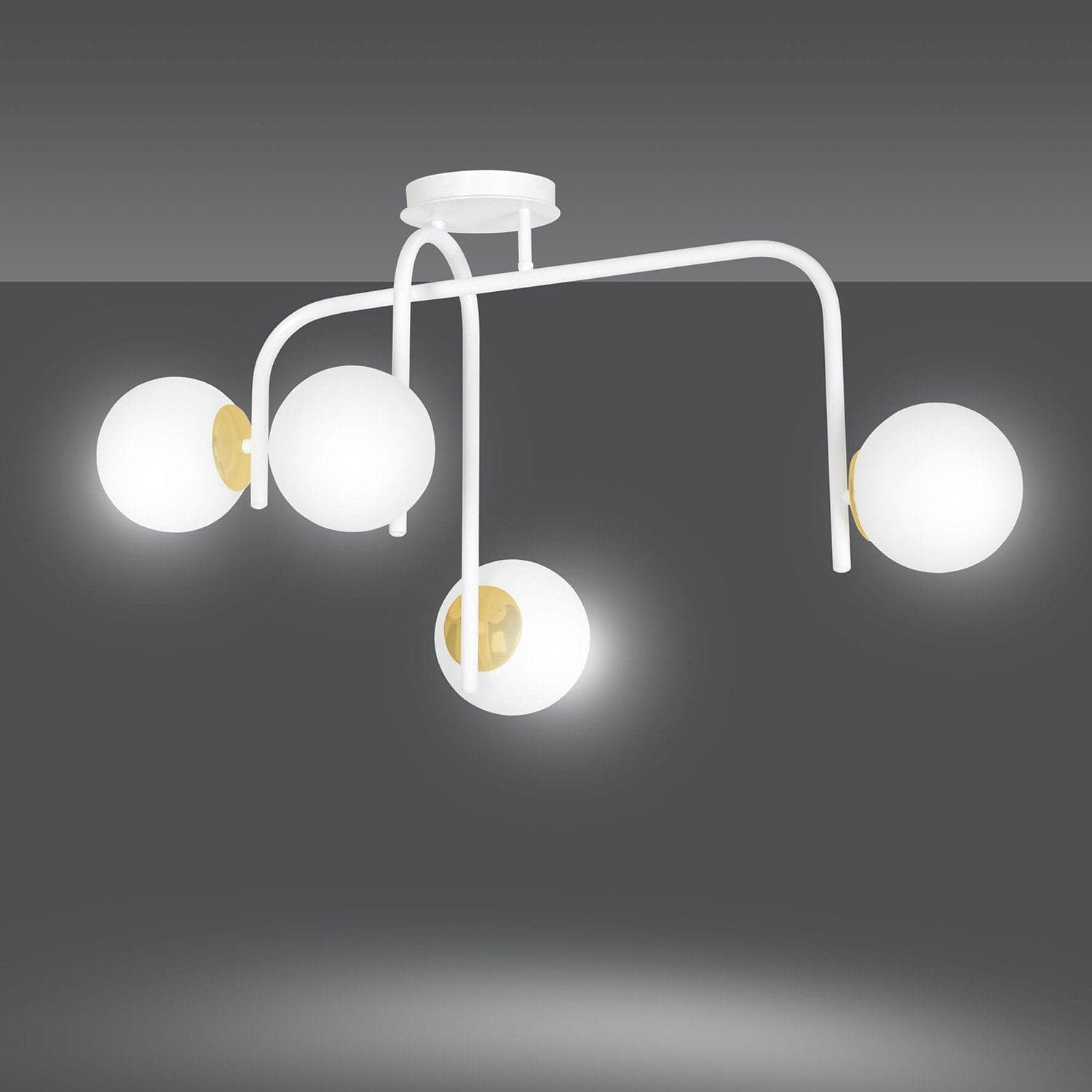 Lampadario 4 Luci Kalf In Acciaio Bianco A Bracci E Sfere In Vetro Opalino E Oro in Lampade a sospensione LuceArt - Montecorvino Pugliano, commercioVirtuoso.it