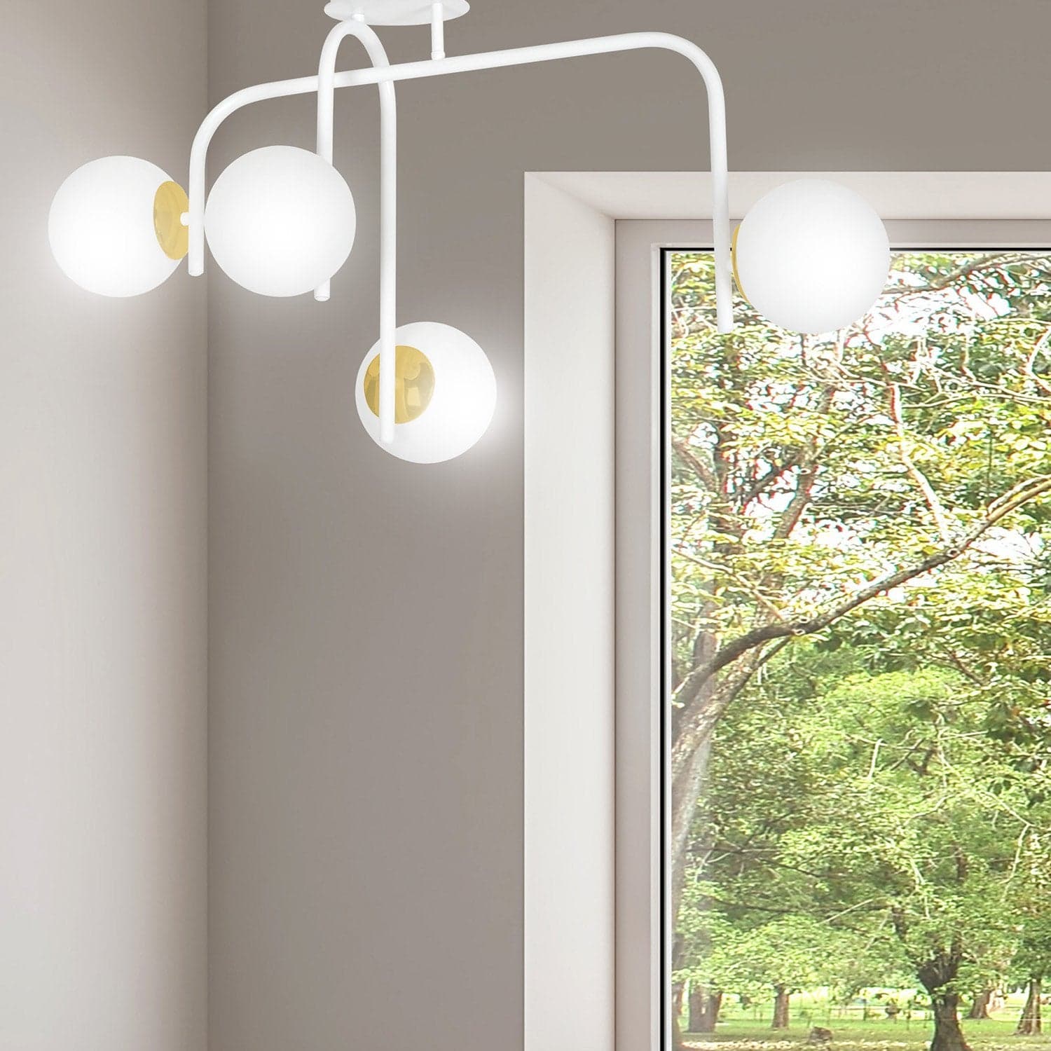 Lampadario 4 Luci Kalf In Acciaio Bianco A Bracci E Sfere In Vetro Opalino E Oro in Lampade a sospensione LuceArt - Montecorvino Pugliano, commercioVirtuoso.it