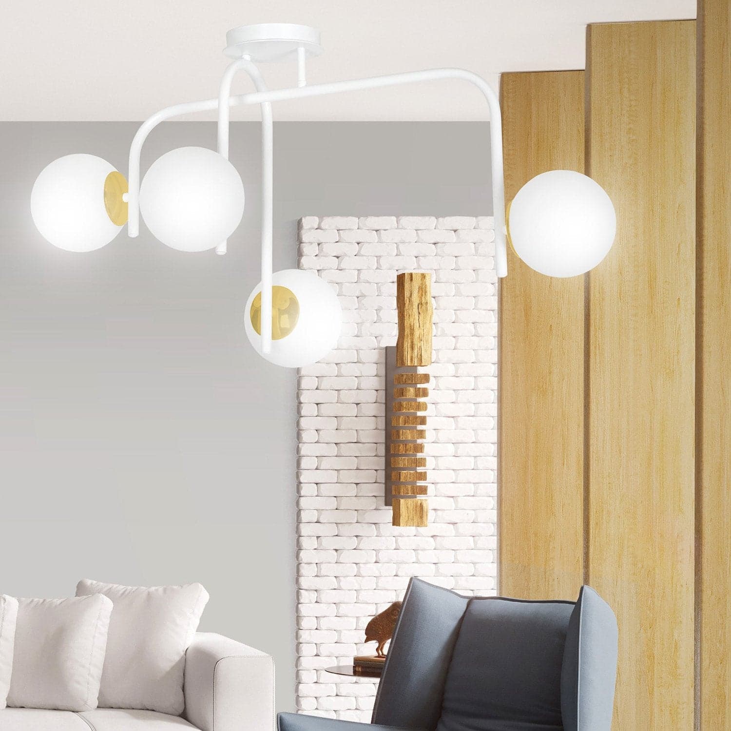 Lampadario 4 Luci Kalf In Acciaio Bianco A Bracci E Sfere In Vetro Opalino E Oro in Lampade a sospensione LuceArt - Montecorvino Pugliano, commercioVirtuoso.it