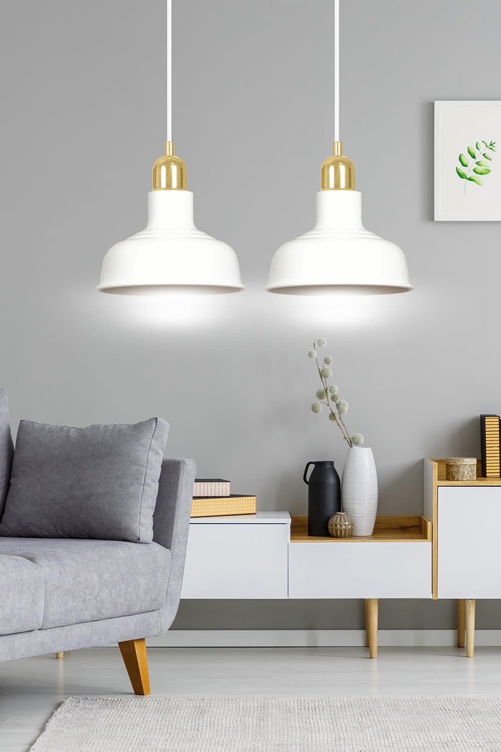Lampadario Industrial 2 Luci Ibor In Acciaio Bianco Con Elementi In Oro in Lampade a sospensione LuceArt - Montecorvino Pugliano, commercioVirtuoso.it