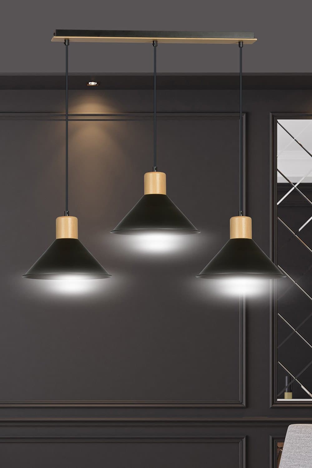 Sospensione Nordica 3 Luci Rowen In Acciaio Nero E Legno in Lampade a sospensione LuceArt - Montecorvino Pugliano, commercioVirtuoso.it