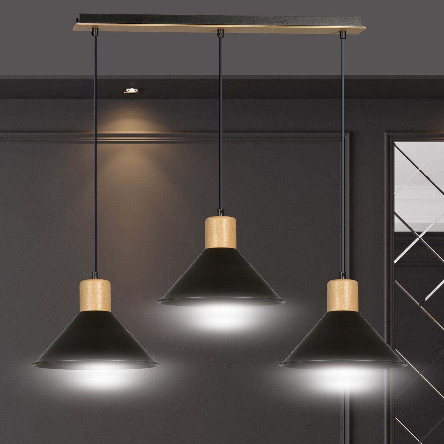 Sospensione Nordica 3 Luci Rowen In Acciaio Nero E Legno in Lampade a sospensione LuceArt - Montecorvino Pugliano, commercioVirtuoso.it