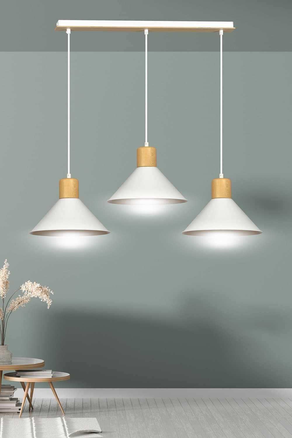 Sospensione Nordica 3 Luci Rowen In Acciaio Bianco E Legno in Lampade a sospensione LuceArt - Montecorvino Pugliano, commercioVirtuoso.it