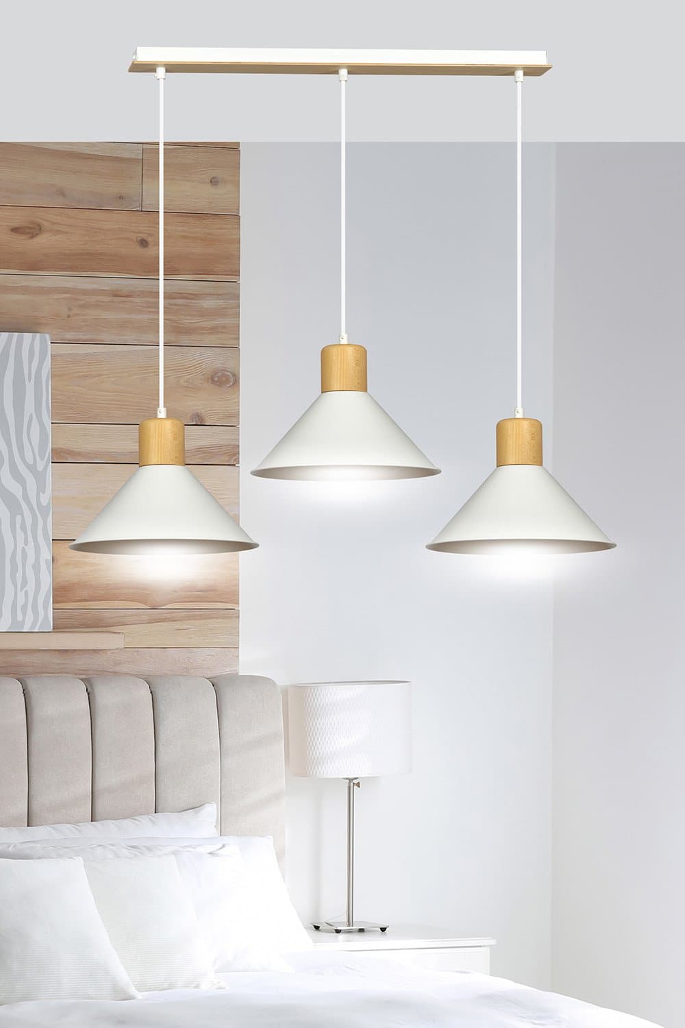 Sospensione Nordica 3 Luci Rowen In Acciaio Bianco E Legno in Lampade a sospensione LuceArt - Montecorvino Pugliano, commercioVirtuoso.it