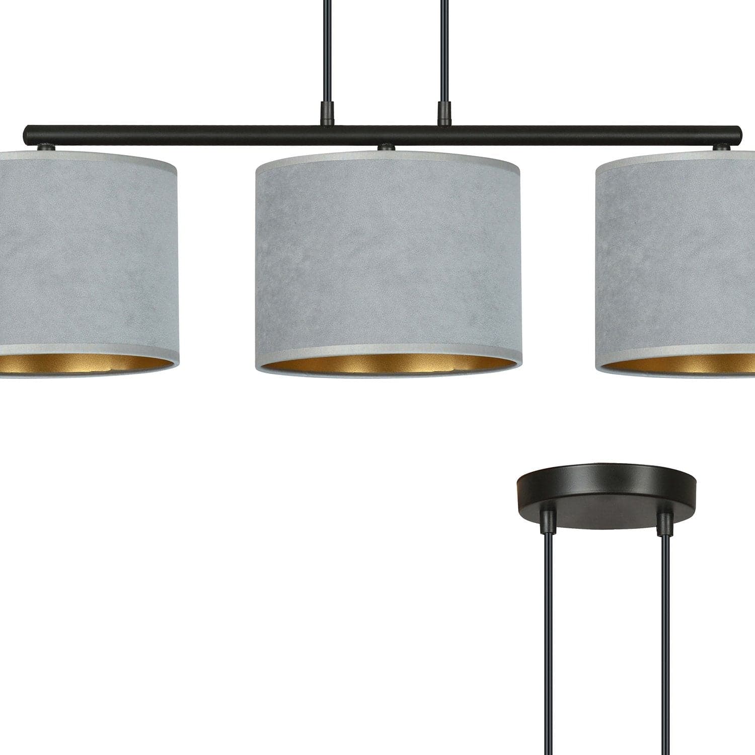 Lampadario 3 Luci Hilde In Acciaio Nero E Paralumi In Tessuto Grigio in Lampade a sospensione LuceArt - Montecorvino Pugliano, commercioVirtuoso.it