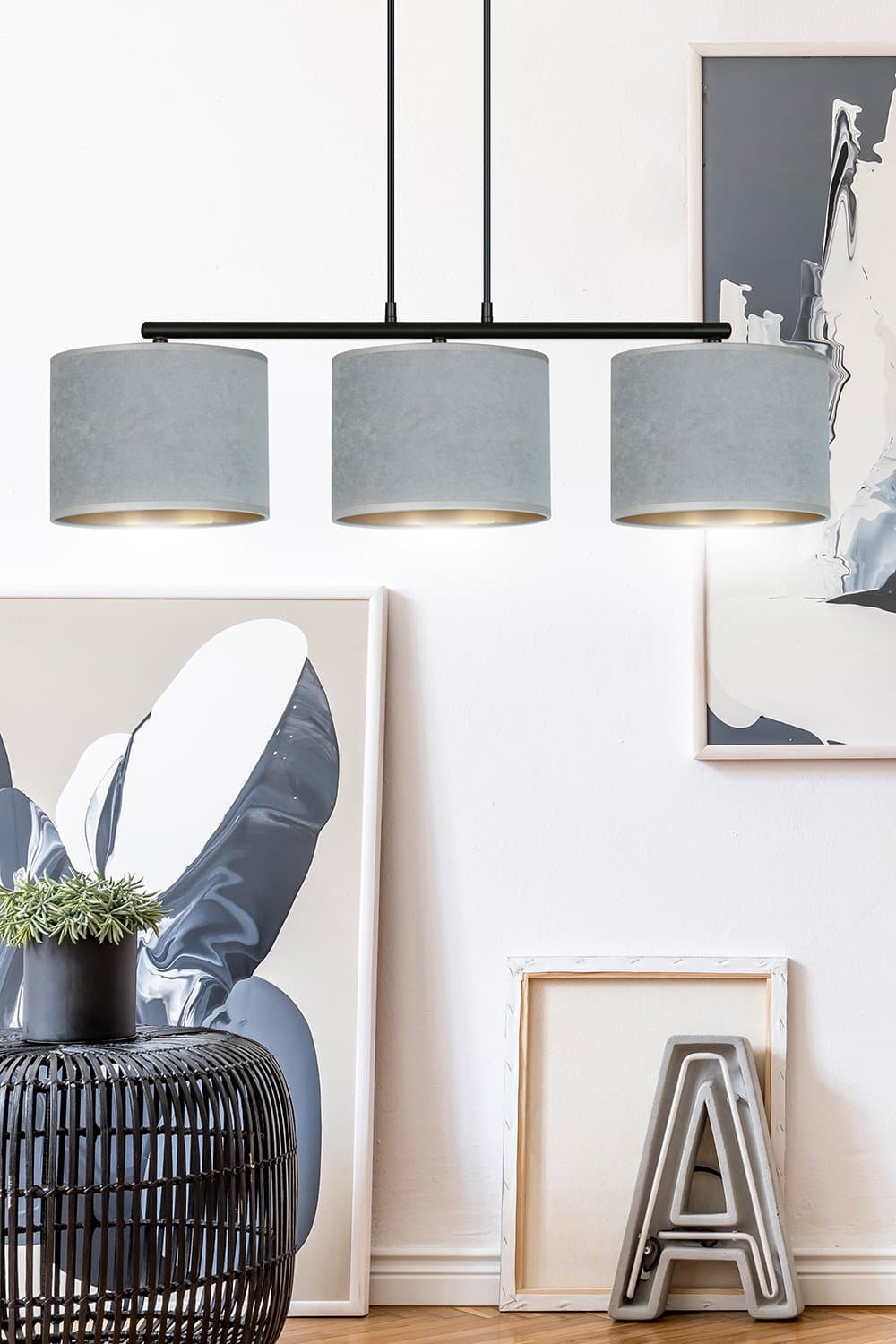 Lampadario 3 Luci Hilde In Acciaio Nero E Paralumi In Tessuto Grigio in Lampade a sospensione LuceArt - Montecorvino Pugliano, commercioVirtuoso.it