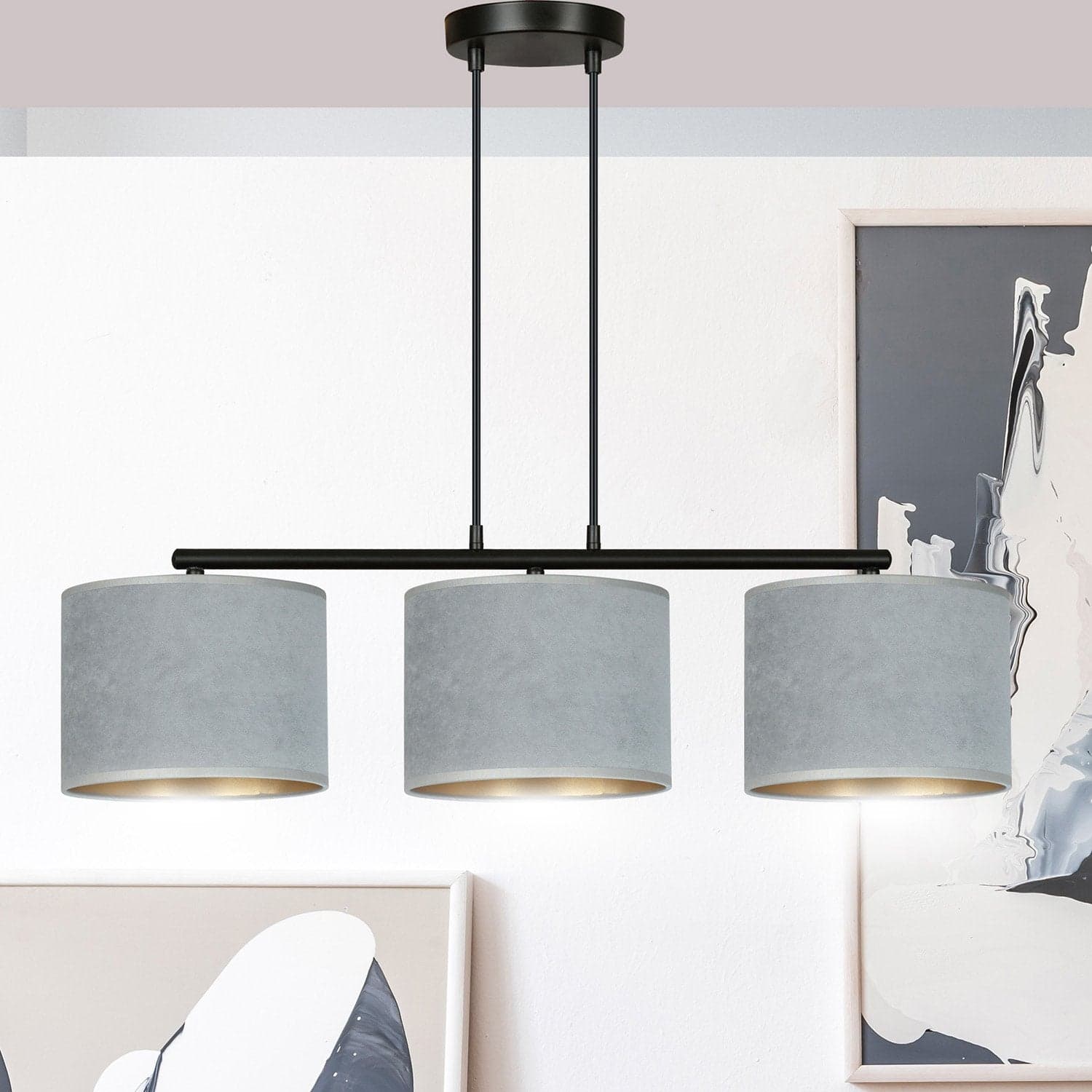 Lampadario 3 Luci Hilde In Acciaio Nero E Paralumi In Tessuto Grigio in Lampade a sospensione LuceArt - Montecorvino Pugliano, commercioVirtuoso.it