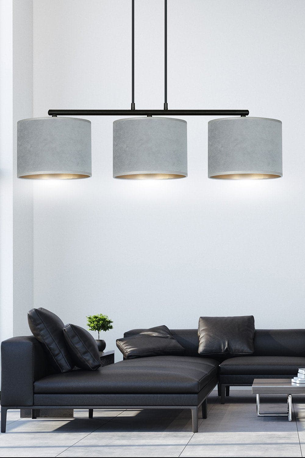 Lampadario 3 Luci Hilde In Acciaio Nero E Paralumi In Tessuto Grigio in Lampade a sospensione LuceArt - Montecorvino Pugliano, commercioVirtuoso.it