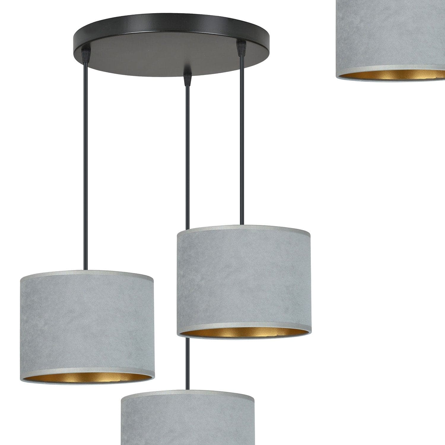 Lampadario Tondo 3 Luci Hilde In Acciaio Nero E Paralumi In Tessuto Grigio in Lampadari LuceArt - Montecorvino Pugliano, commercioVirtuoso.it