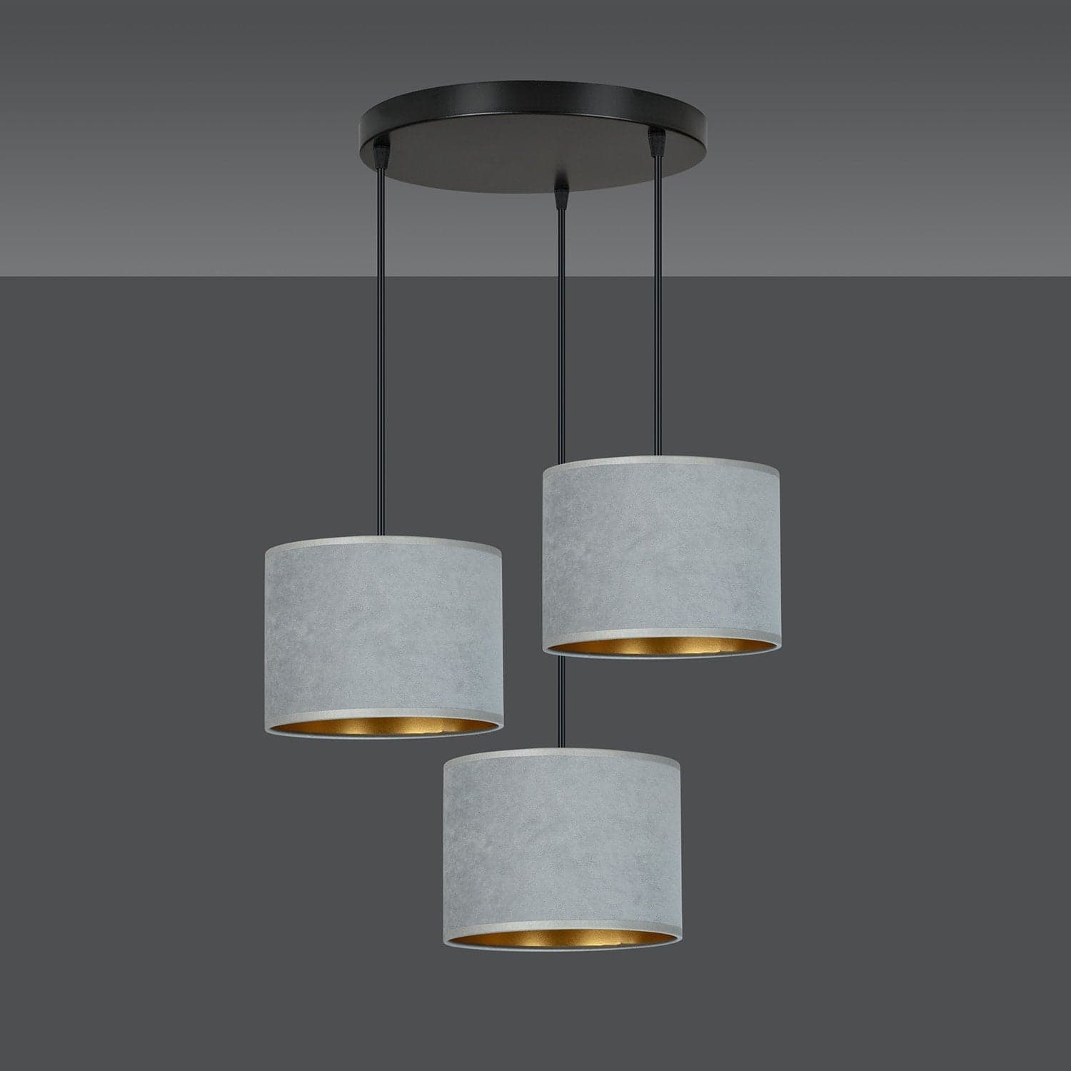 Lampadario Tondo 3 Luci Hilde In Acciaio Nero E Paralumi In Tessuto Grigio in Lampadari LuceArt - Montecorvino Pugliano, commercioVirtuoso.it