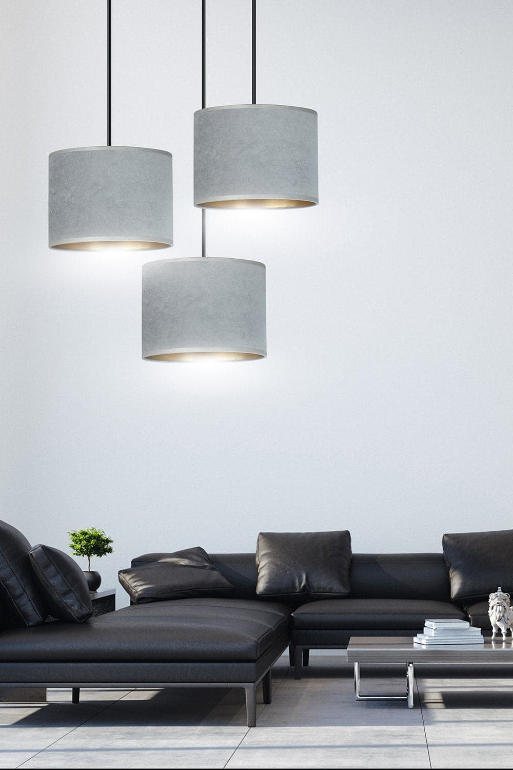 Lampadario Tondo 3 Luci Hilde In Acciaio Nero E Paralumi In Tessuto Grigio in Lampadari LuceArt - Montecorvino Pugliano, commercioVirtuoso.it