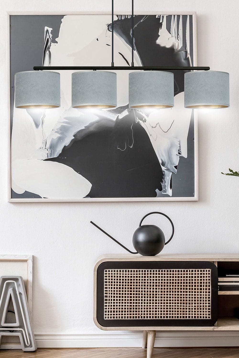 Lampadario 4 Luci Hilde In Acciaio Nero E Paralumi In Tessuto Grigio in Lampade a sospensione LuceArt - Montecorvino Pugliano, commercioVirtuoso.it