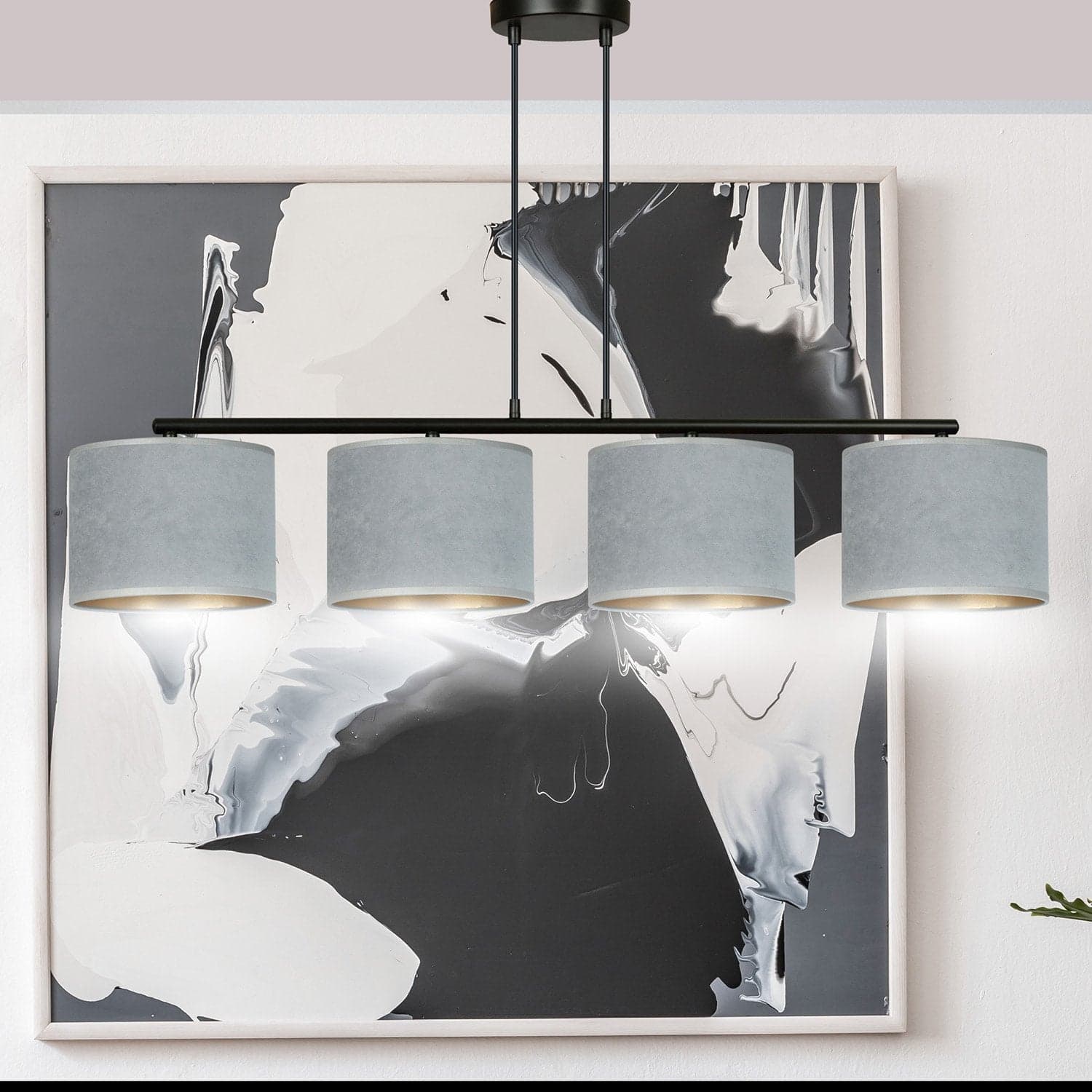 Lampadario 4 Luci Hilde In Acciaio Nero E Paralumi In Tessuto Grigio in Lampade a sospensione LuceArt - Montecorvino Pugliano, commercioVirtuoso.it