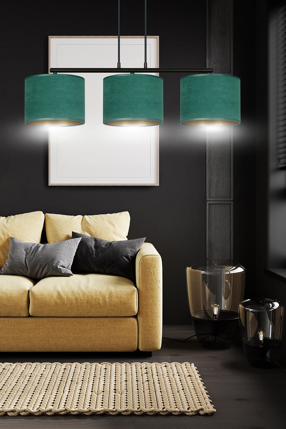 Lampadario 3 Luci Hilde In Acciaio Nero E Paralumi In Tessuto Verde in Lampade a sospensione LuceArt - Montecorvino Pugliano, commercioVirtuoso.it