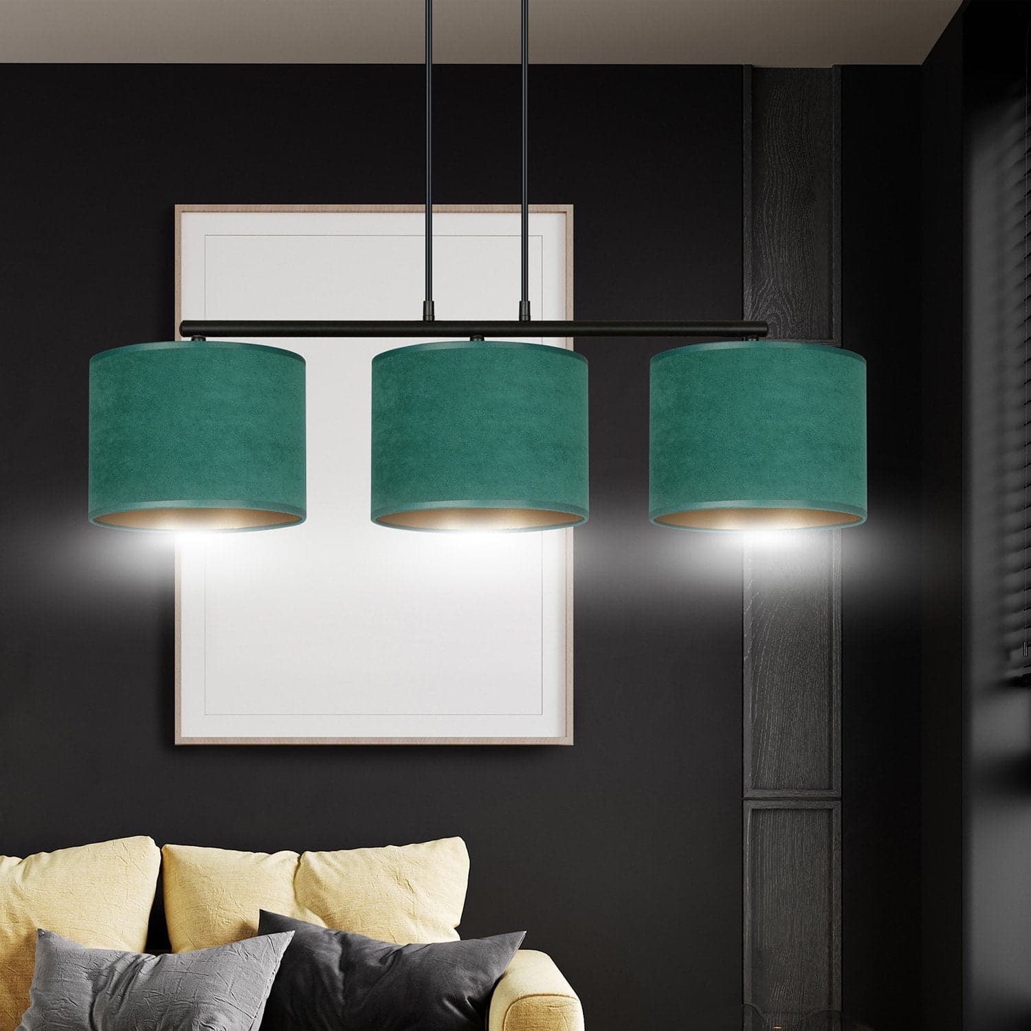 Lampadario 3 Luci Hilde In Acciaio Nero E Paralumi In Tessuto Verde in Lampade a sospensione LuceArt - Montecorvino Pugliano, commercioVirtuoso.it