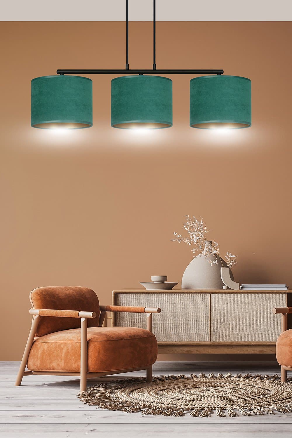 Lampadario 3 Luci Hilde In Acciaio Nero E Paralumi In Tessuto Verde in Lampade a sospensione LuceArt - Montecorvino Pugliano, commercioVirtuoso.it