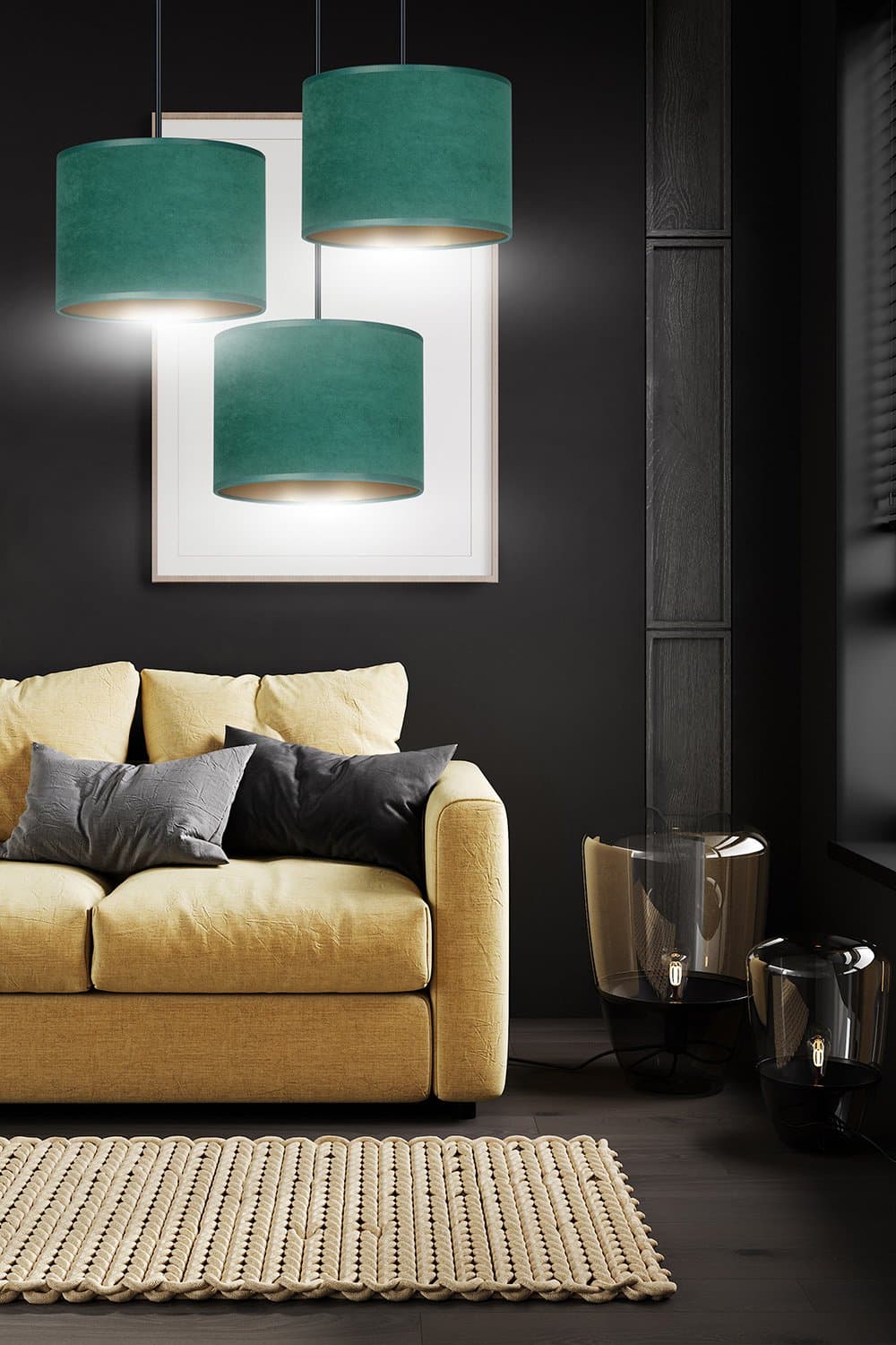 Lampadario Tondo 3 Luci Hilde In Acciaio Nero E Paralumi In Tessuto Verde in Lampade a sospensione LuceArt - Montecorvino Pugliano, commercioVirtuoso.it