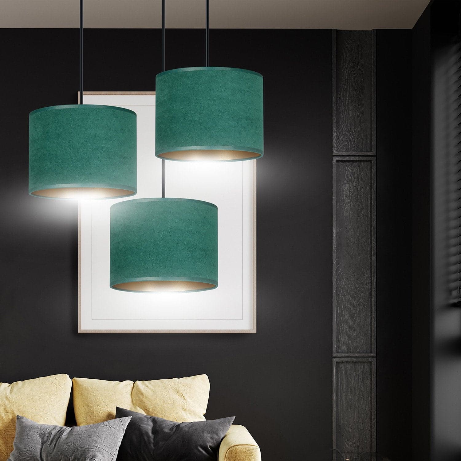 Lampadario Tondo 3 Luci Hilde In Acciaio Nero E Paralumi In Tessuto Verde in Lampade a sospensione LuceArt - Montecorvino Pugliano, commercioVirtuoso.it
