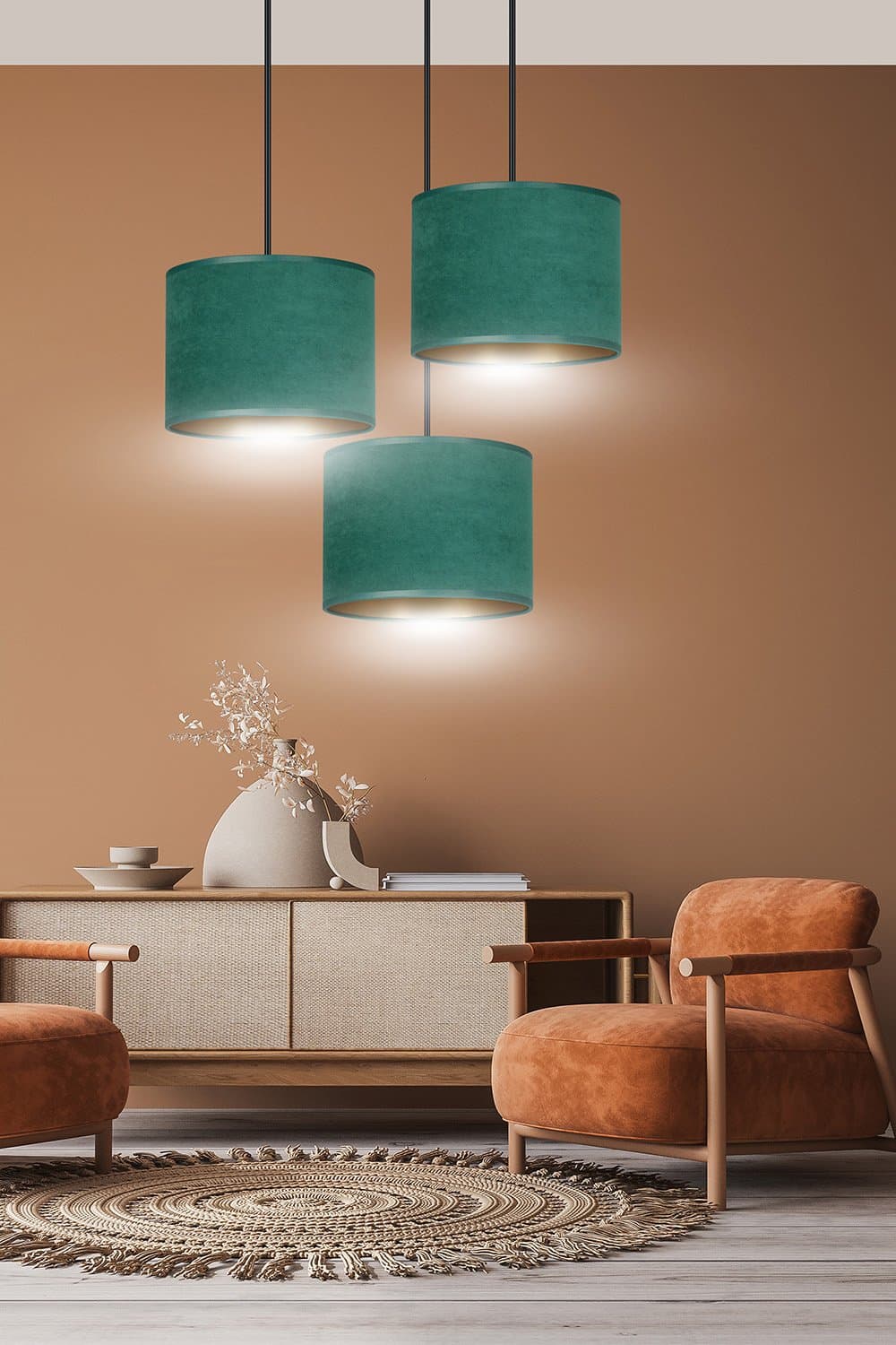 Lampadario Tondo 3 Luci Hilde In Acciaio Nero E Paralumi In Tessuto Verde in Lampade a sospensione LuceArt - Montecorvino Pugliano, commercioVirtuoso.it
