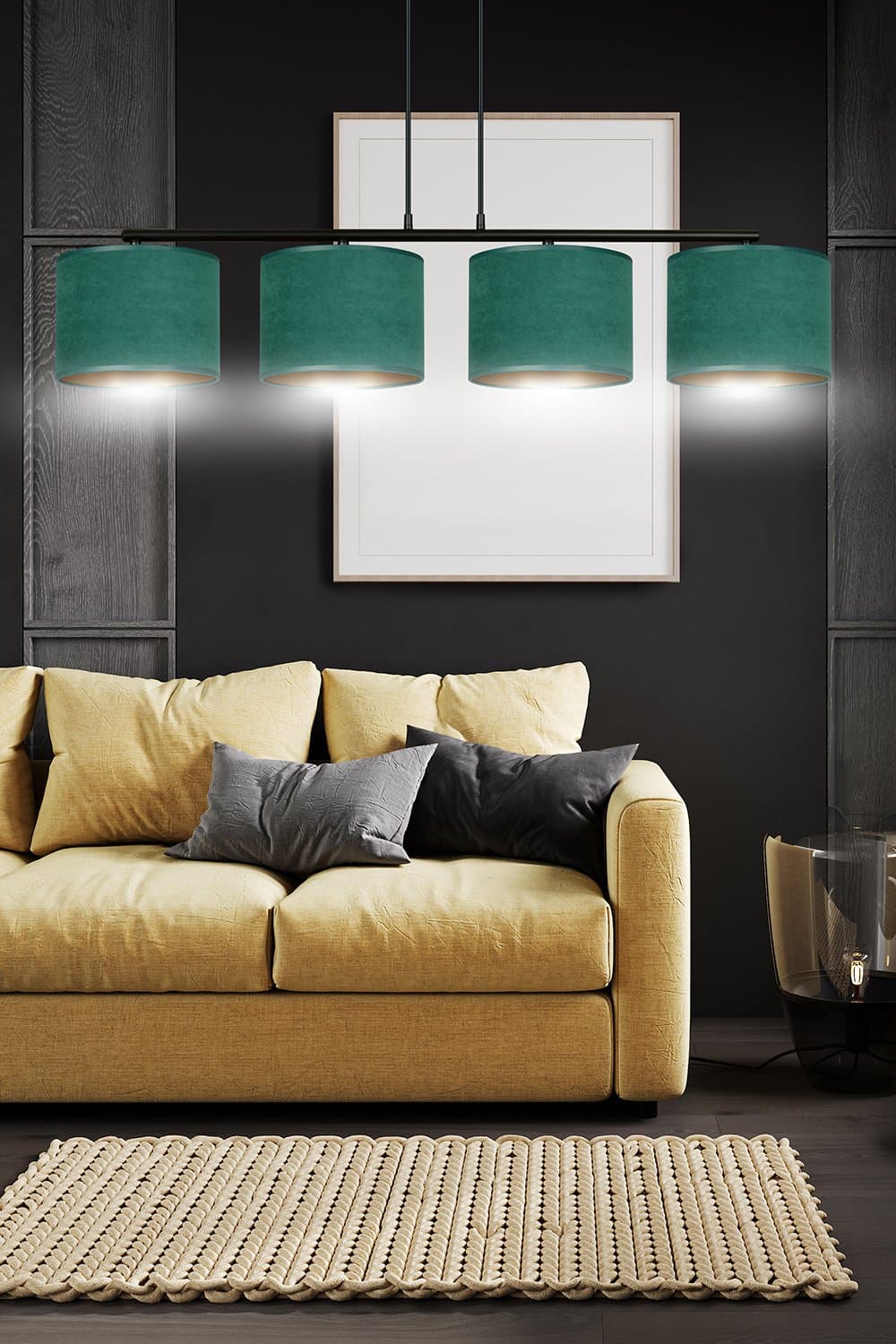 Lampadario 4 Luci Hilde In Acciaio Nero E Paralumi In Tessuto Verde in Lampade a sospensione LuceArt - Montecorvino Pugliano, commercioVirtuoso.it