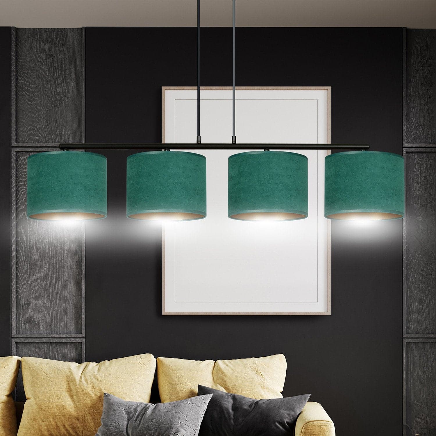 Lampadario 4 Luci Hilde In Acciaio Nero E Paralumi In Tessuto Verde in Lampade a sospensione LuceArt - Montecorvino Pugliano, commercioVirtuoso.it