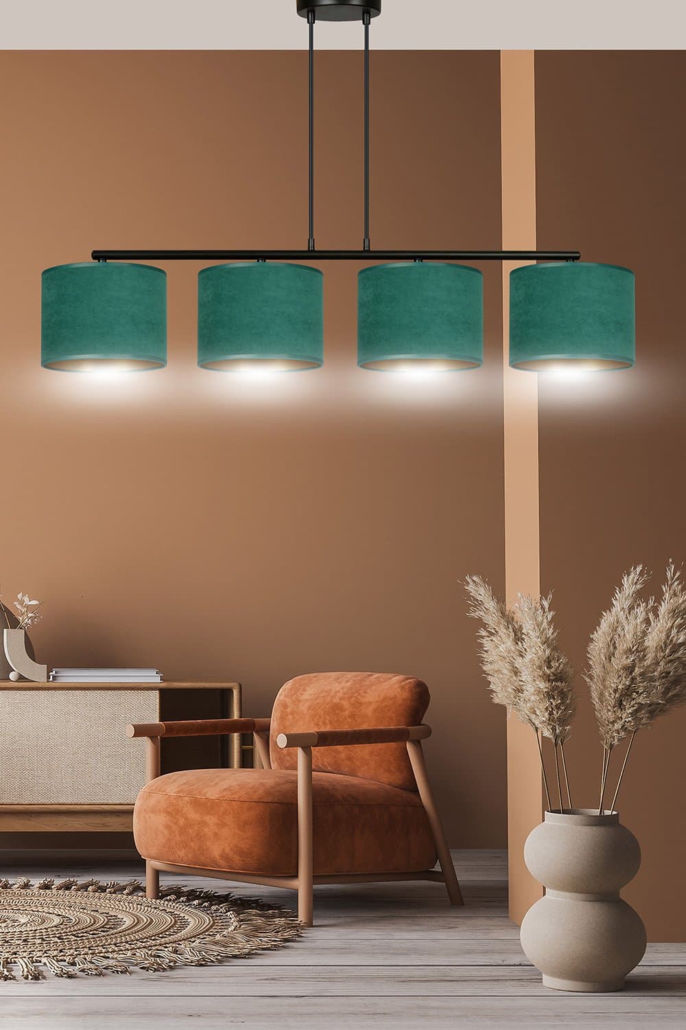 Lampadario 4 Luci Hilde In Acciaio Nero E Paralumi In Tessuto Verde in Lampade a sospensione LuceArt - Montecorvino Pugliano, commercioVirtuoso.it