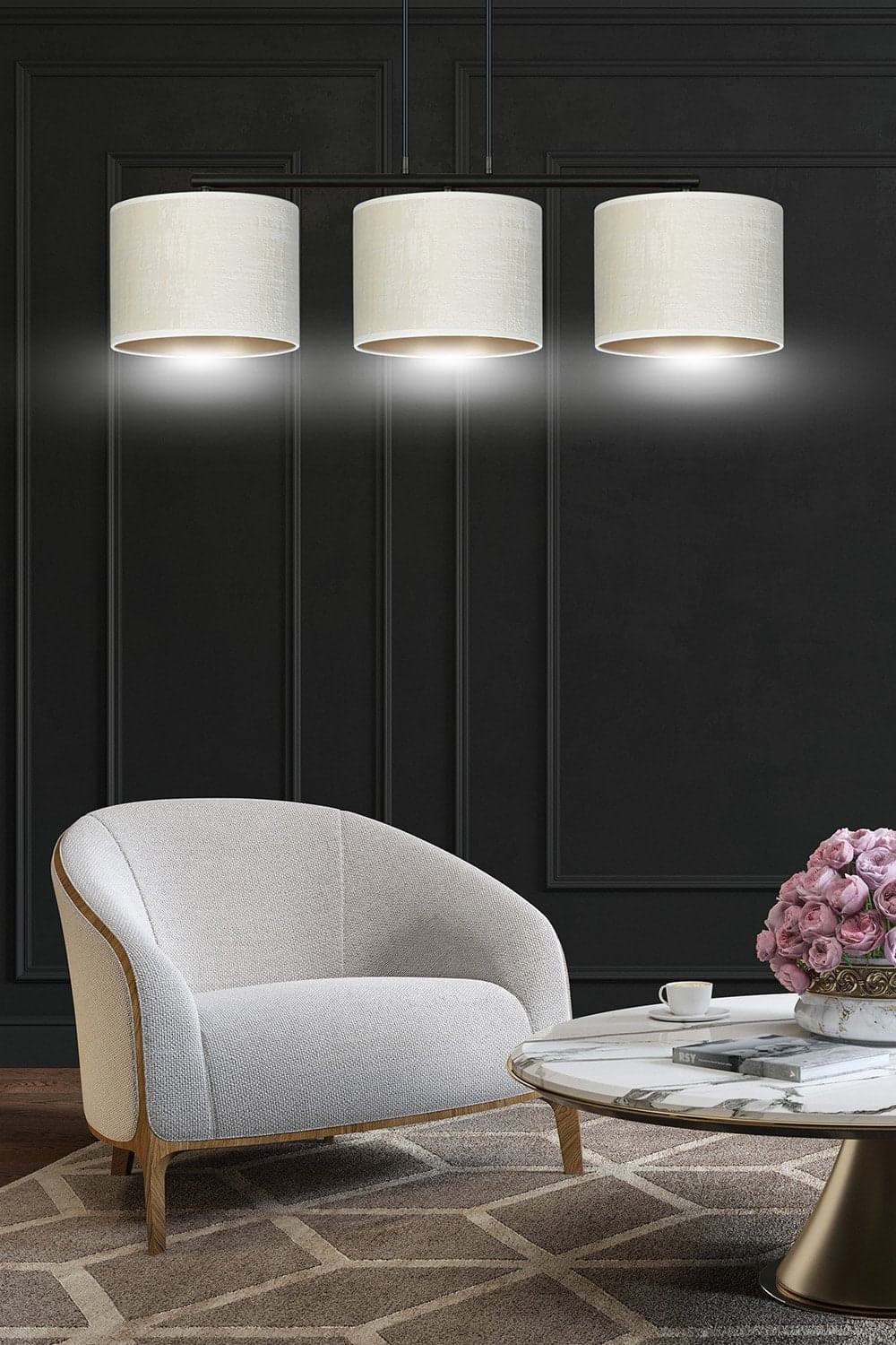 Lampadario 3 Luci Hilde In Acciaio Nero E Paralumi In Tessuto Beige in Lampade a sospensione LuceArt - Montecorvino Pugliano, commercioVirtuoso.it