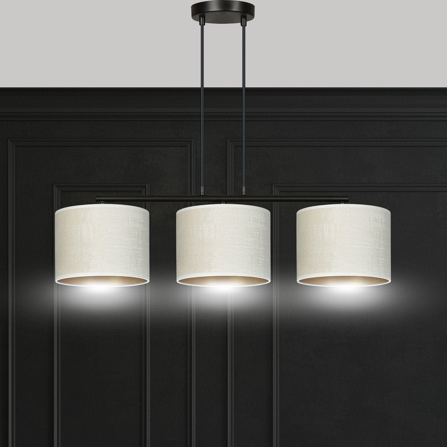 Lampadario 3 Luci Hilde In Acciaio Nero E Paralumi In Tessuto Beige in Lampade a sospensione LuceArt - Montecorvino Pugliano, commercioVirtuoso.it
