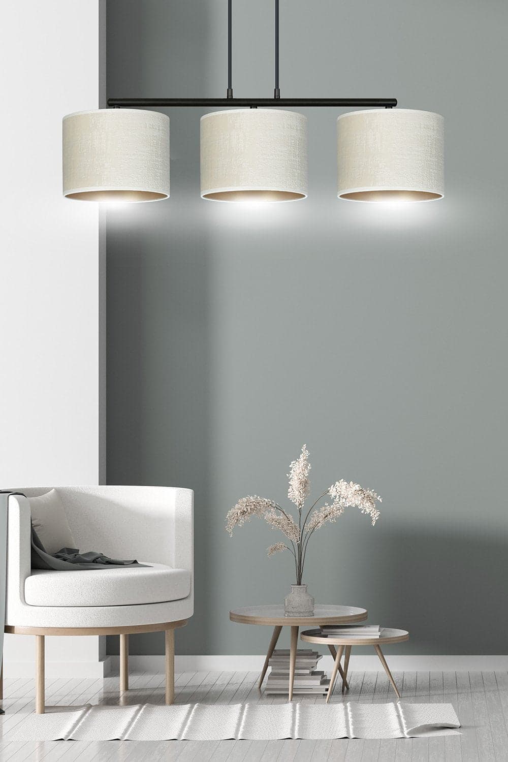 Lampadario 3 Luci Hilde In Acciaio Nero E Paralumi In Tessuto Beige in Lampade a sospensione LuceArt - Montecorvino Pugliano, commercioVirtuoso.it