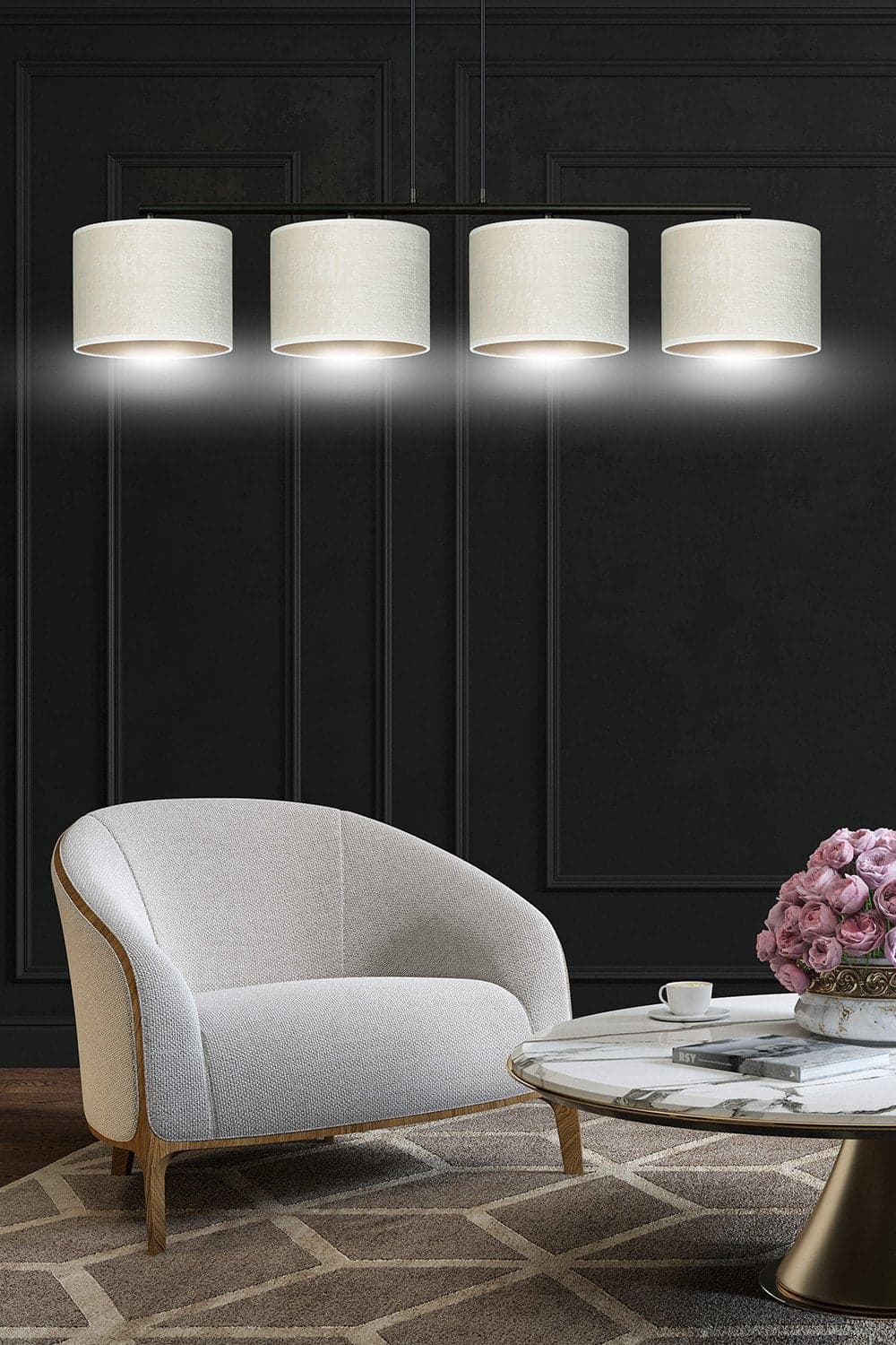 Lampadario 4 Luci Hilde In Acciaio Nero E Paralumi In Tessuto Beige in Lampade a sospensione LuceArt - Montecorvino Pugliano, commercioVirtuoso.it