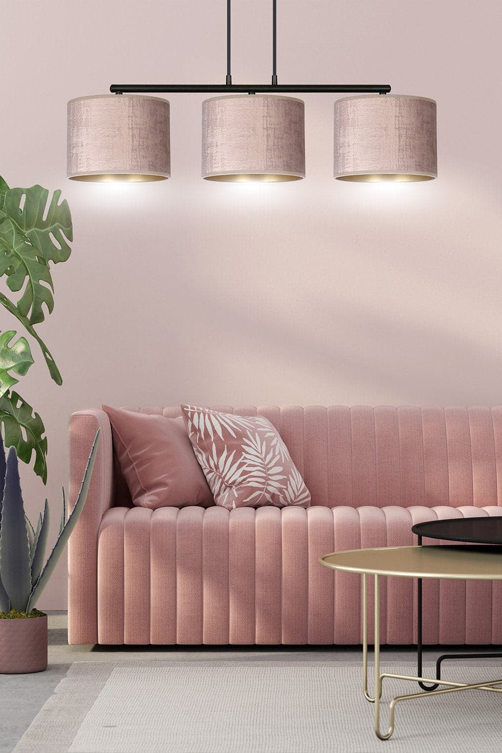 Lampadario 3 Luci Hilde In Acciaio Nero E Paralumi In Tessuto Rosa in Lampade a sospensione LuceArt - Montecorvino Pugliano, commercioVirtuoso.it