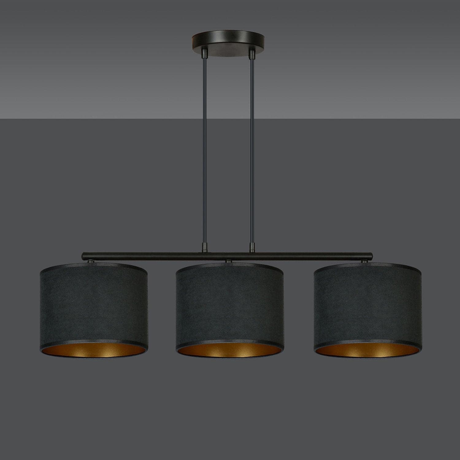 Lampadario 3 Luci Hilde In Acciaio Nero E Paralumi In Tessuto Nero in Lampade a sospensione LuceArt - Montecorvino Pugliano, commercioVirtuoso.it