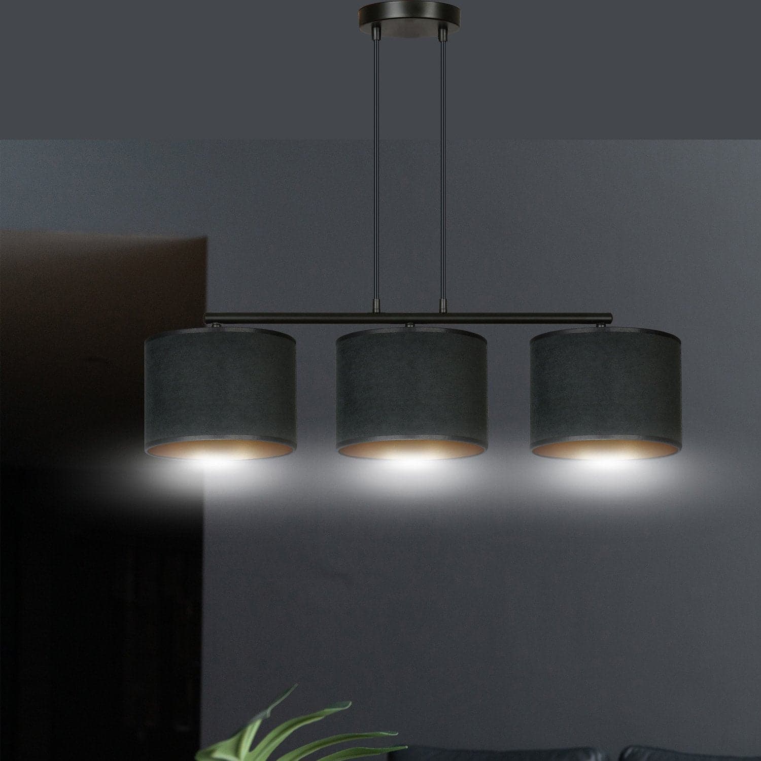 Lampadario 3 Luci Hilde In Acciaio Nero E Paralumi In Tessuto Nero in Lampade a sospensione LuceArt - Montecorvino Pugliano, commercioVirtuoso.it
