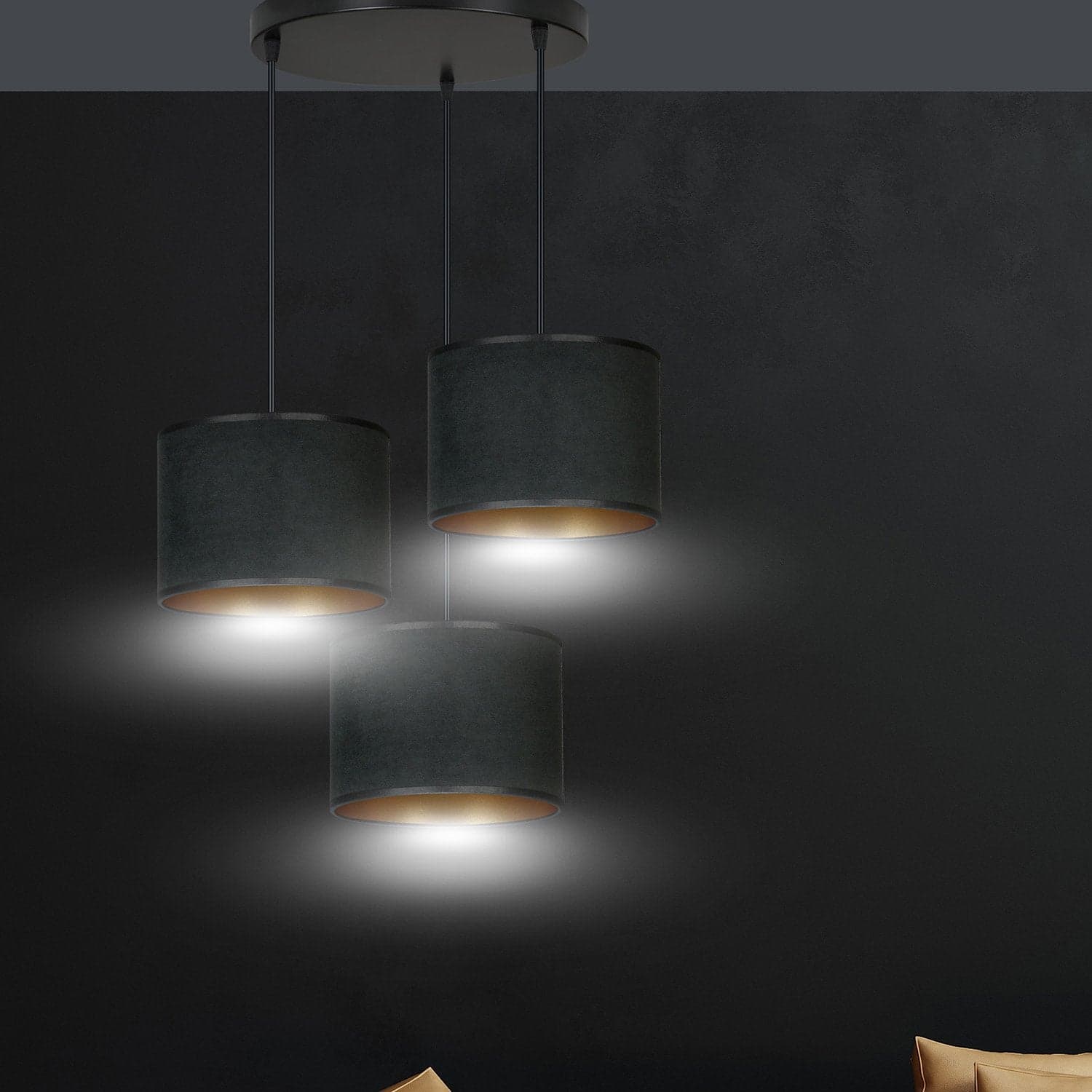 Lampadario Tondo 3 Luci Hilde In Acciaio Nero E Paralumi In Tessuto Nero in Lampade a sospensione LuceArt - Montecorvino Pugliano, commercioVirtuoso.it