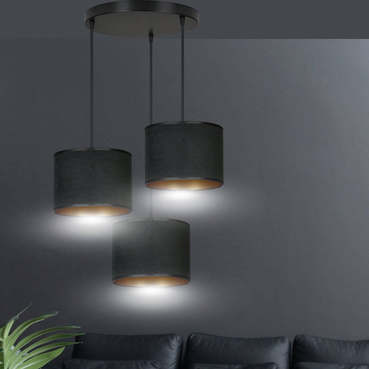 Lampadario Tondo 3 Luci Hilde In Acciaio Nero E Paralumi In Tessuto Nero in Lampade a sospensione LuceArt - Montecorvino Pugliano, commercioVirtuoso.it