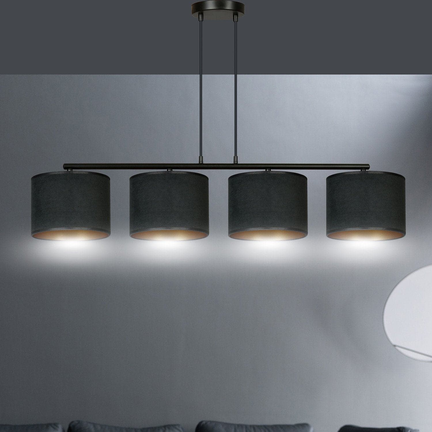 Lampadario 4 Luci Hilde In Acciaio Nero E Paralumi In Tessuto Nero in Lampade a sospensione LuceArt - Montecorvino Pugliano, commercioVirtuoso.it