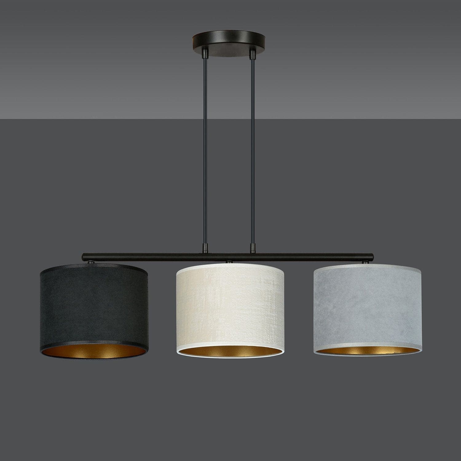 Lampadario 3 Luci Hilde In Acciaio Nero E Paralumi In Tessuto Multicolore in Lampade a sospensione LuceArt - Montecorvino Pugliano, commercioVirtuoso.it
