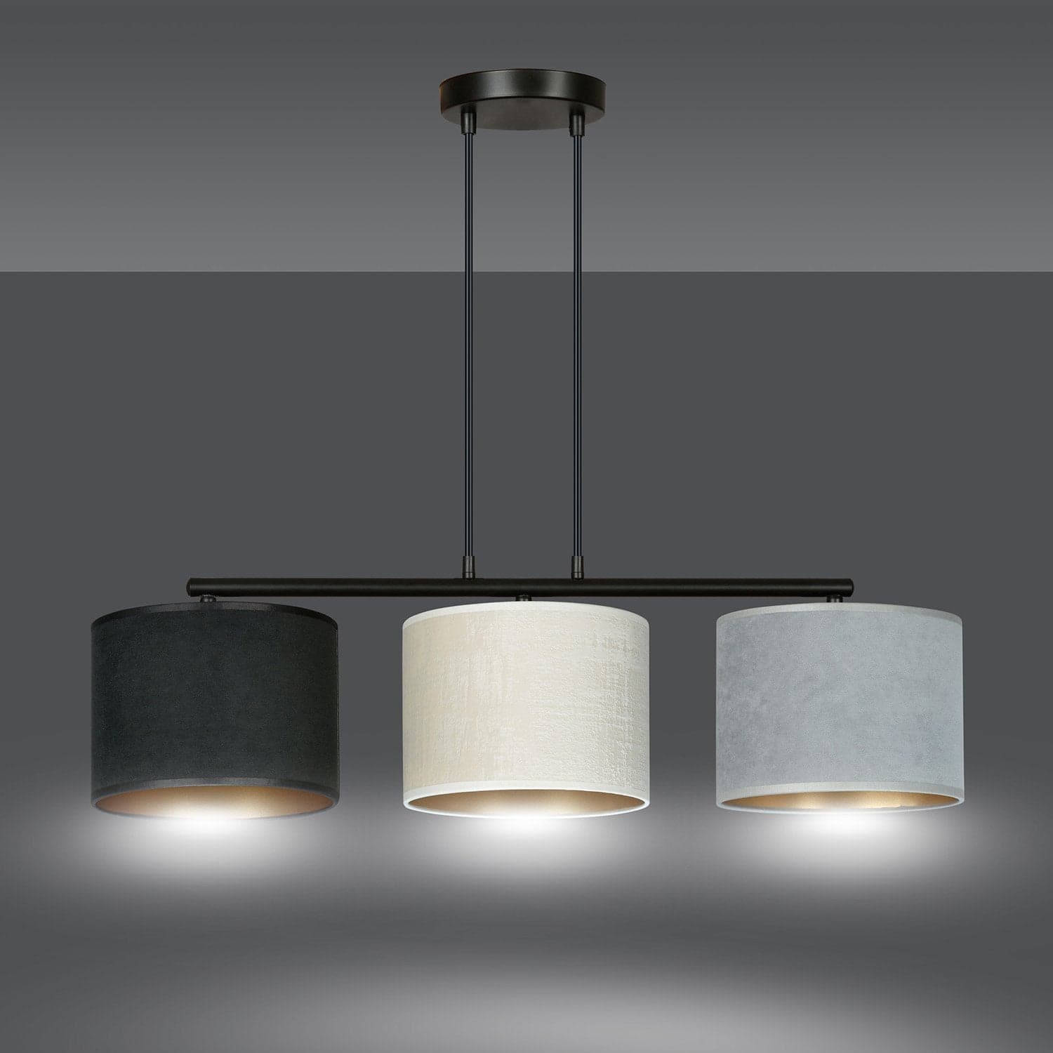 Lampadario 3 Luci Hilde In Acciaio Nero E Paralumi In Tessuto Multicolore in Lampade a sospensione LuceArt - Montecorvino Pugliano, commercioVirtuoso.it