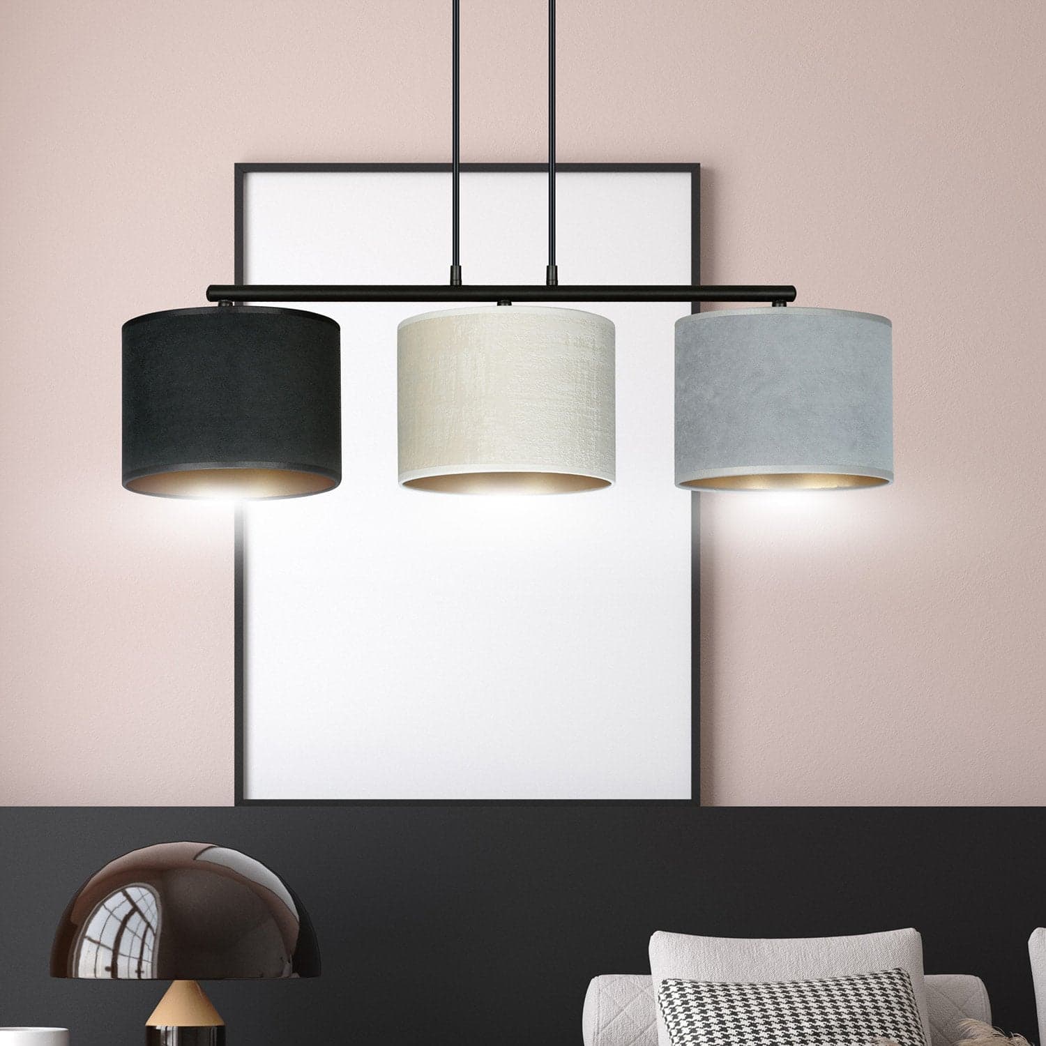 Lampadario 3 Luci Hilde In Acciaio Nero E Paralumi In Tessuto Multicolore in Lampade a sospensione LuceArt - Montecorvino Pugliano, commercioVirtuoso.it
