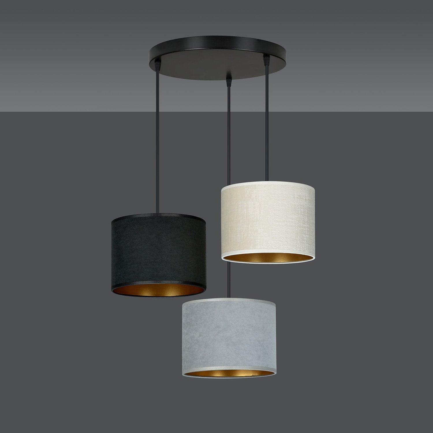 Lampadario Tondo 3 Luci Hilde In Acciaio Nero E Paralumi In Tessuto Multicolore in Lampade a sospensione LuceArt - Montecorvino Pugliano, commercioVirtuoso.it