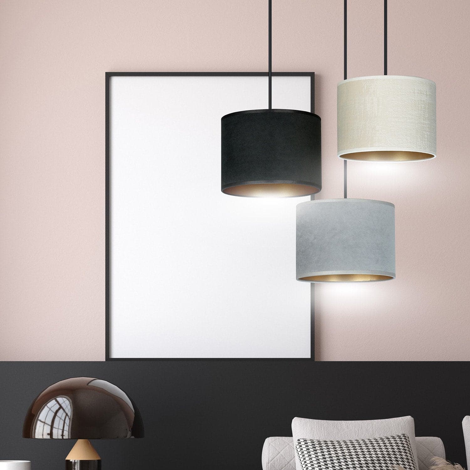 Lampadario Tondo 3 Luci Hilde In Acciaio Nero E Paralumi In Tessuto Multicolore in Lampade a sospensione LuceArt - Montecorvino Pugliano, commercioVirtuoso.it