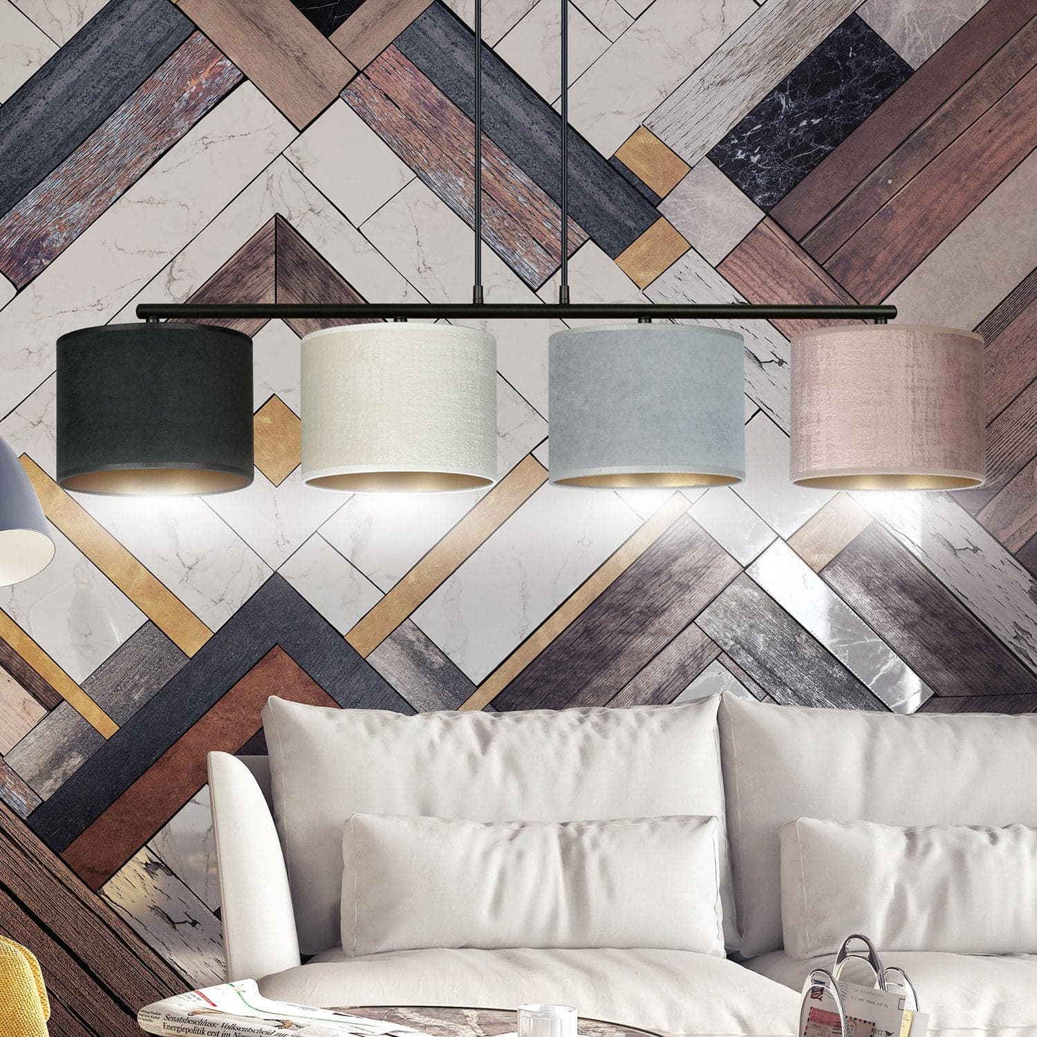 Lampadario 4 Luci Hilde In Acciaio Nero E Paralumi In Tessuto Multicolore in Lampade a sospensione LuceArt - Montecorvino Pugliano, commercioVirtuoso.it