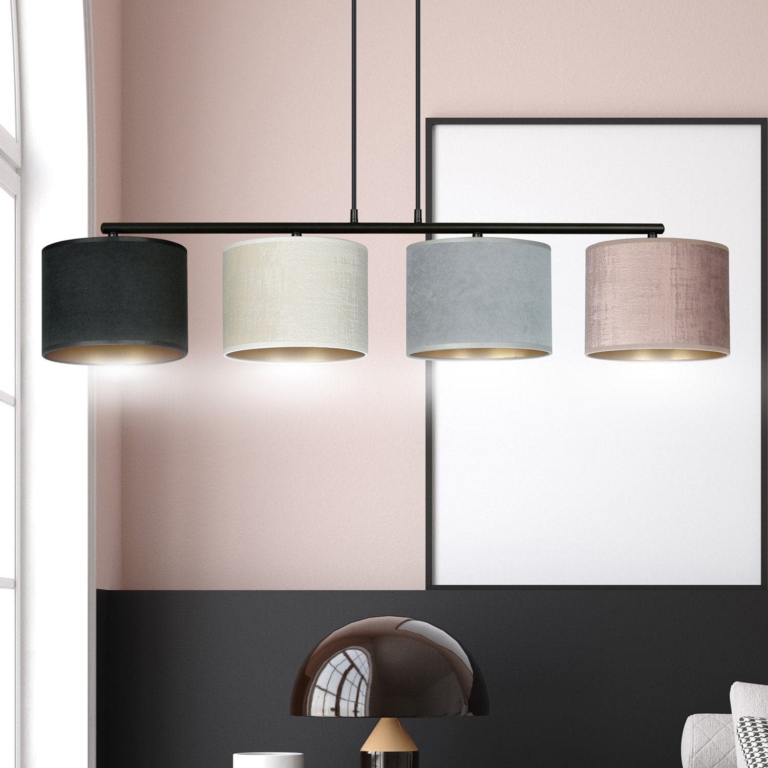 Lampadario 4 Luci Hilde In Acciaio Nero E Paralumi In Tessuto Multicolore in Lampade a sospensione LuceArt - Montecorvino Pugliano, commercioVirtuoso.it