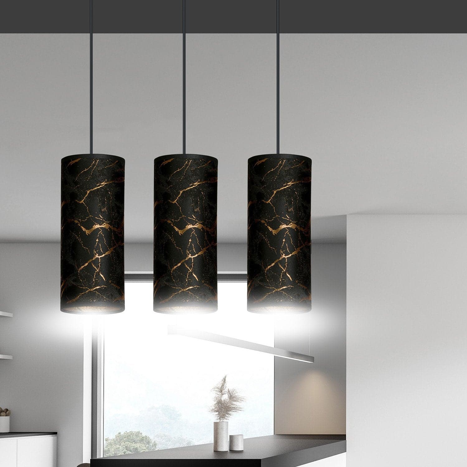 Sospensione 3 Luci Karli In Acciaio Nero E Paralumi Effetto Marmo Dorato in Lampade a sospensione LuceArt - Montecorvino Pugliano, commercioVirtuoso.it