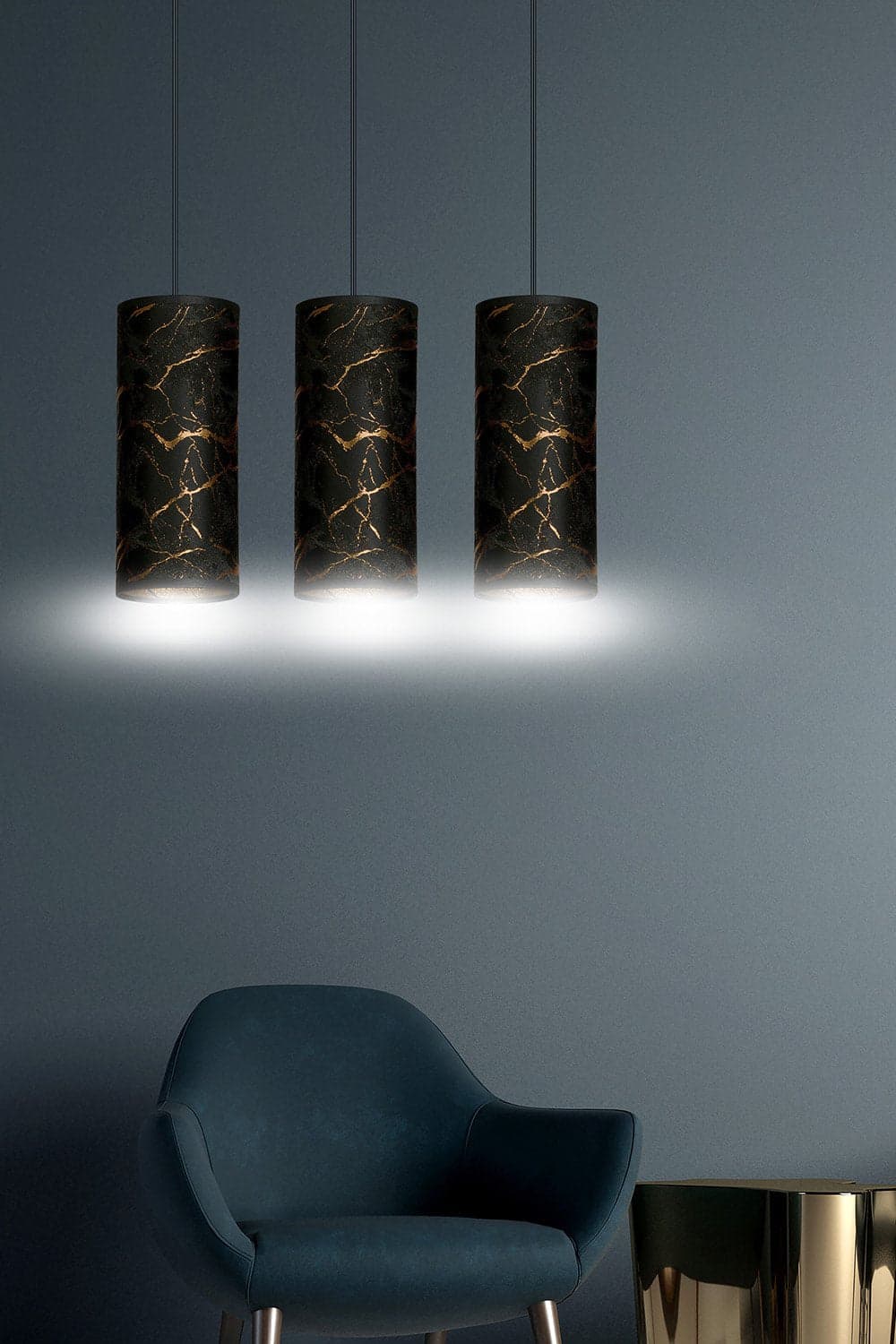 Sospensione 3 Luci Karli In Acciaio Nero E Paralumi Effetto Marmo Dorato in Lampade a sospensione LuceArt - Montecorvino Pugliano, commercioVirtuoso.it