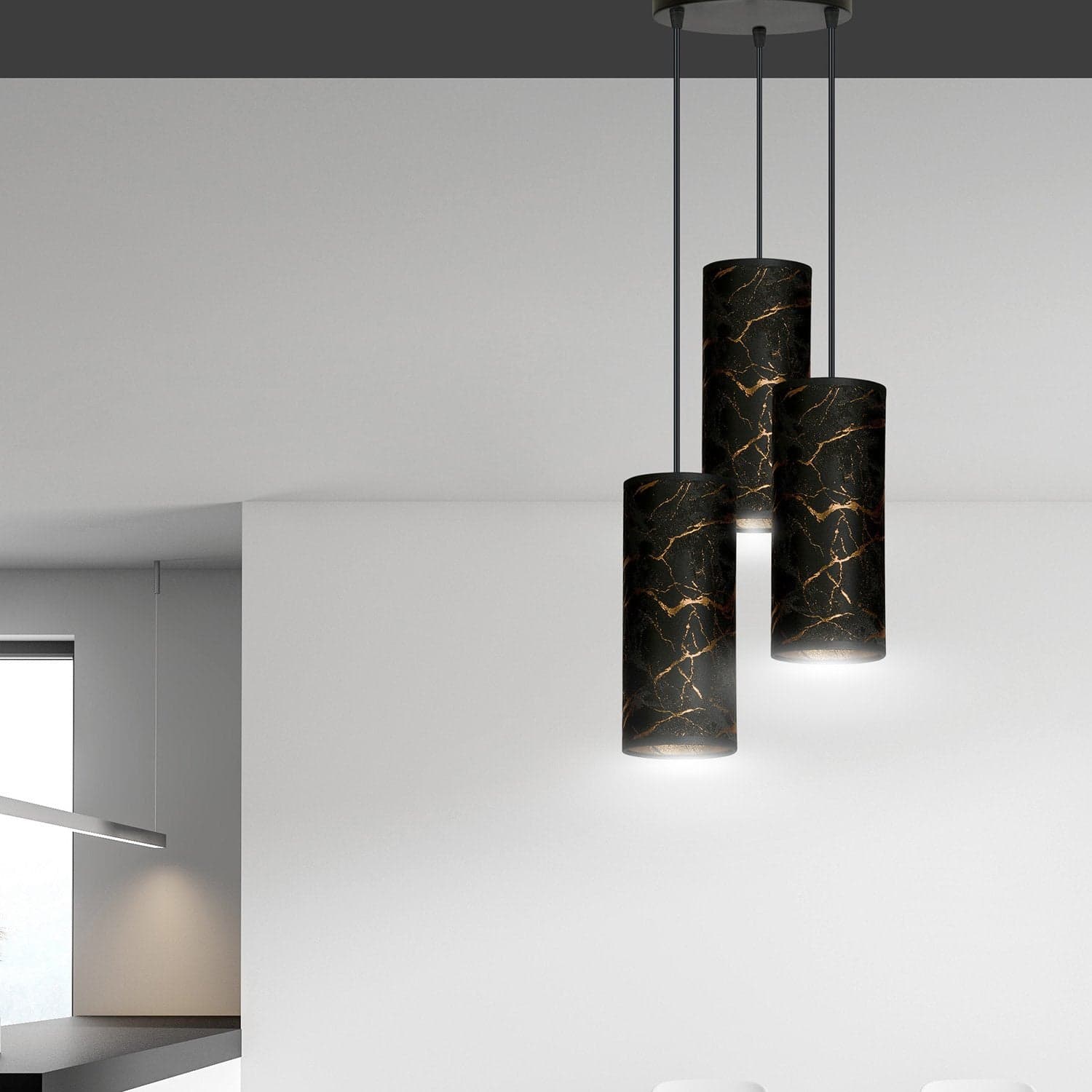Sospensione Tonda 3 Luci Karli In Acciaio Nero E Paralumi Effetto Marmo Dorato in Lampade a sospensione LuceArt - Montecorvino Pugliano, commercioVirtuoso.it