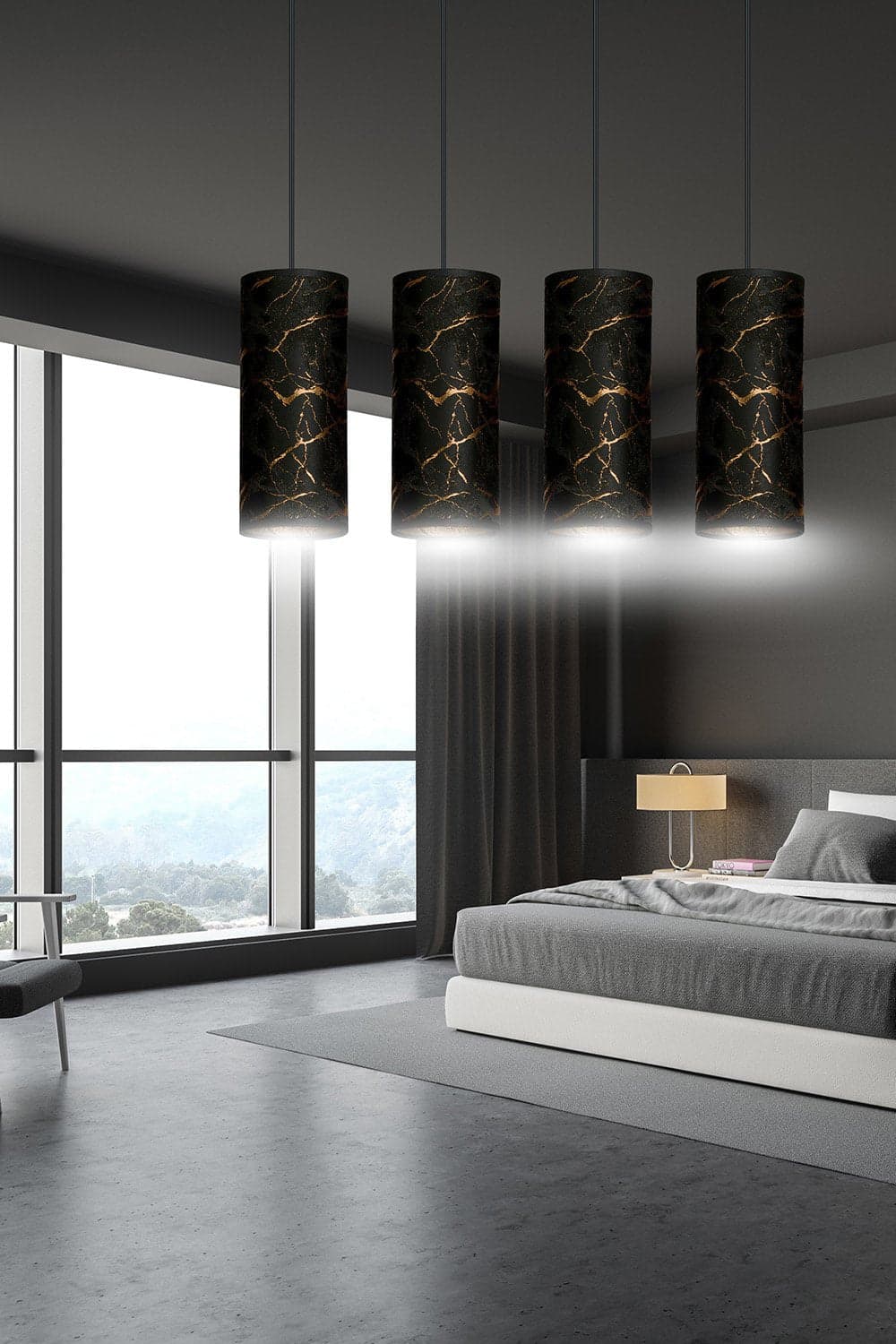 Sospensione 4 Luci Karli In Acciaio Nero E Paralumi Effetto Marmo Dorato in Lampade a sospensione LuceArt - Montecorvino Pugliano, commercioVirtuoso.it