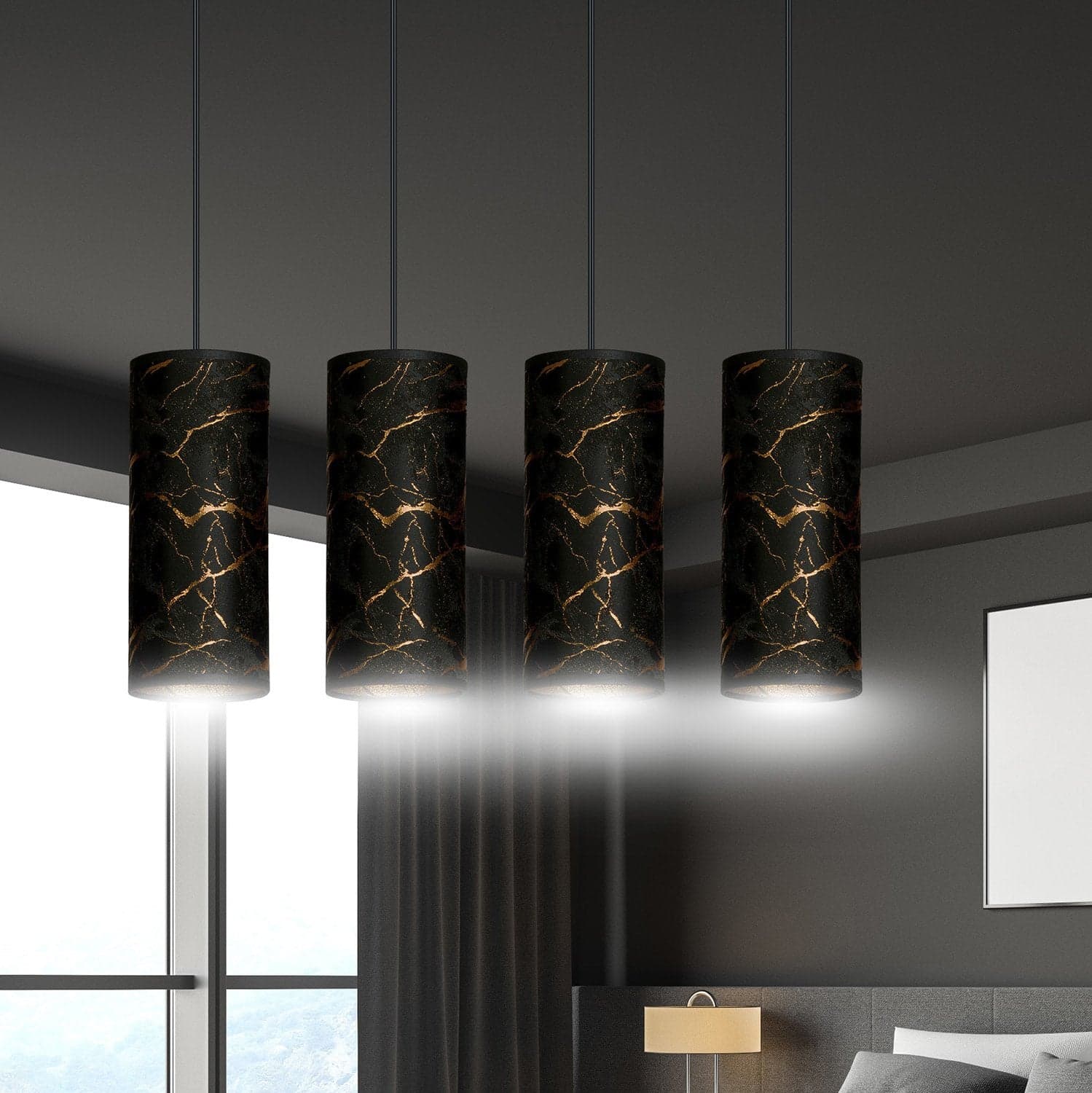 Sospensione 4 Luci Karli In Acciaio Nero E Paralumi Effetto Marmo Dorato in Lampade a sospensione LuceArt - Montecorvino Pugliano, commercioVirtuoso.it
